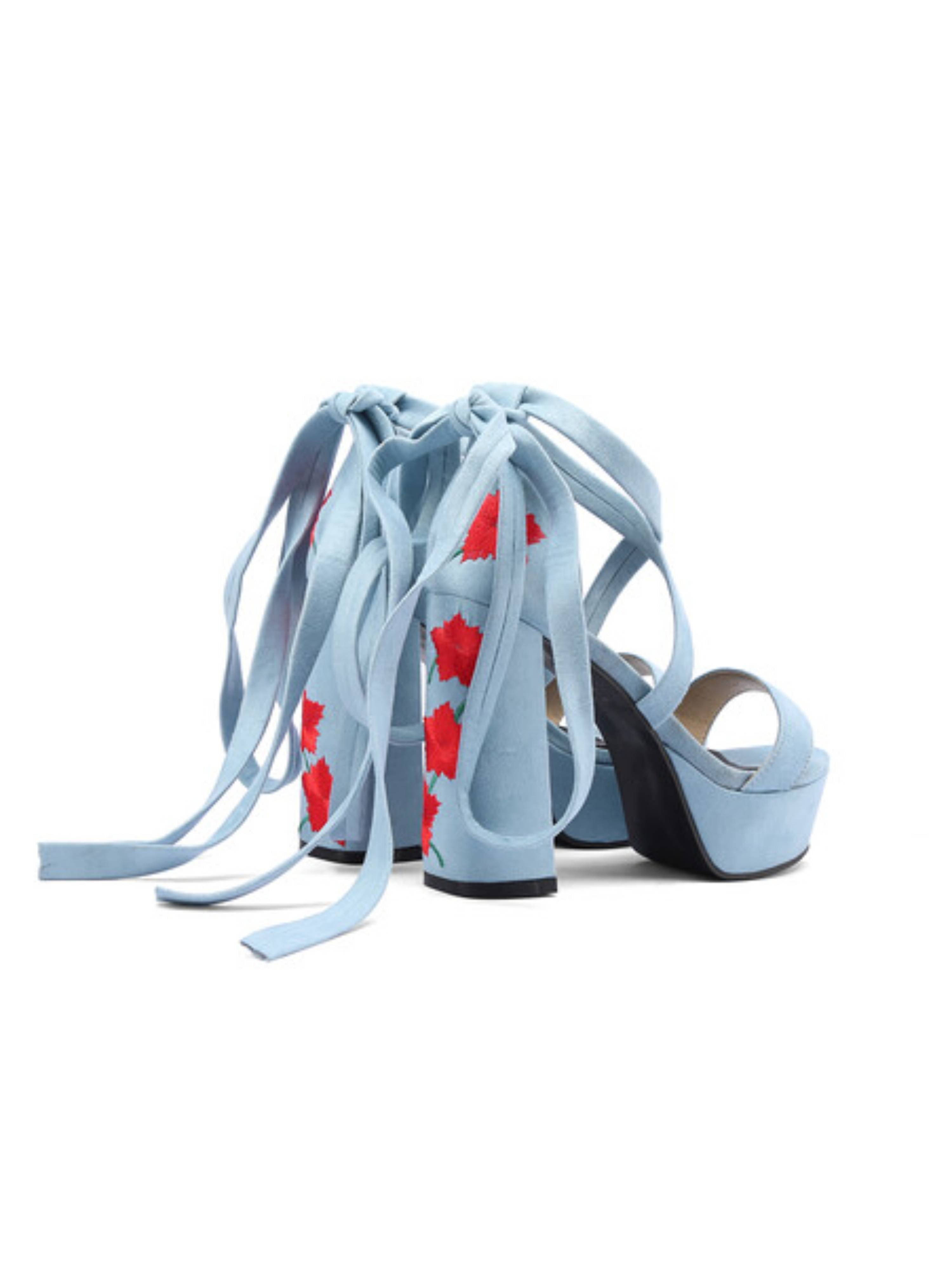 Blue Sandals for Women with Ankle Wrap and Floral Embroidery