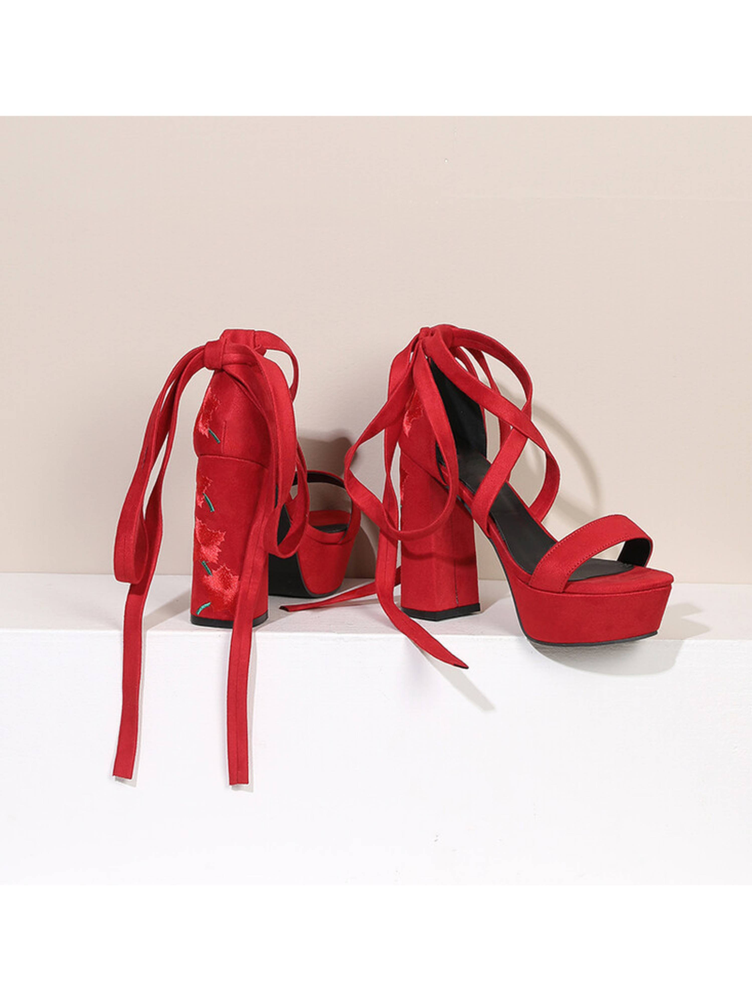 Red Hot Wrap-Around Platform High Heel Sandals for Women
