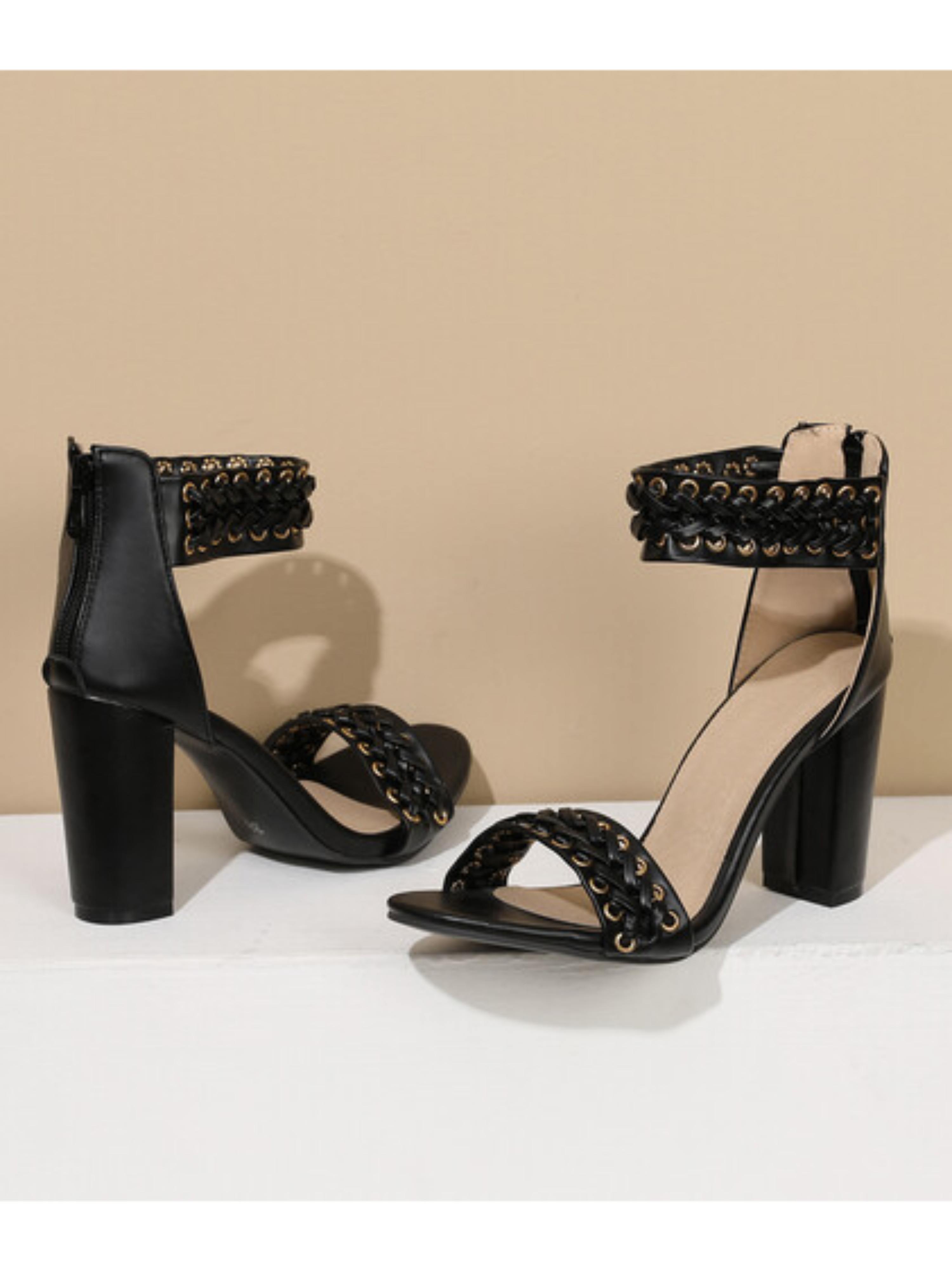 Braided Detailing and Gold-Tone Eyelets Sandals for Women in Black