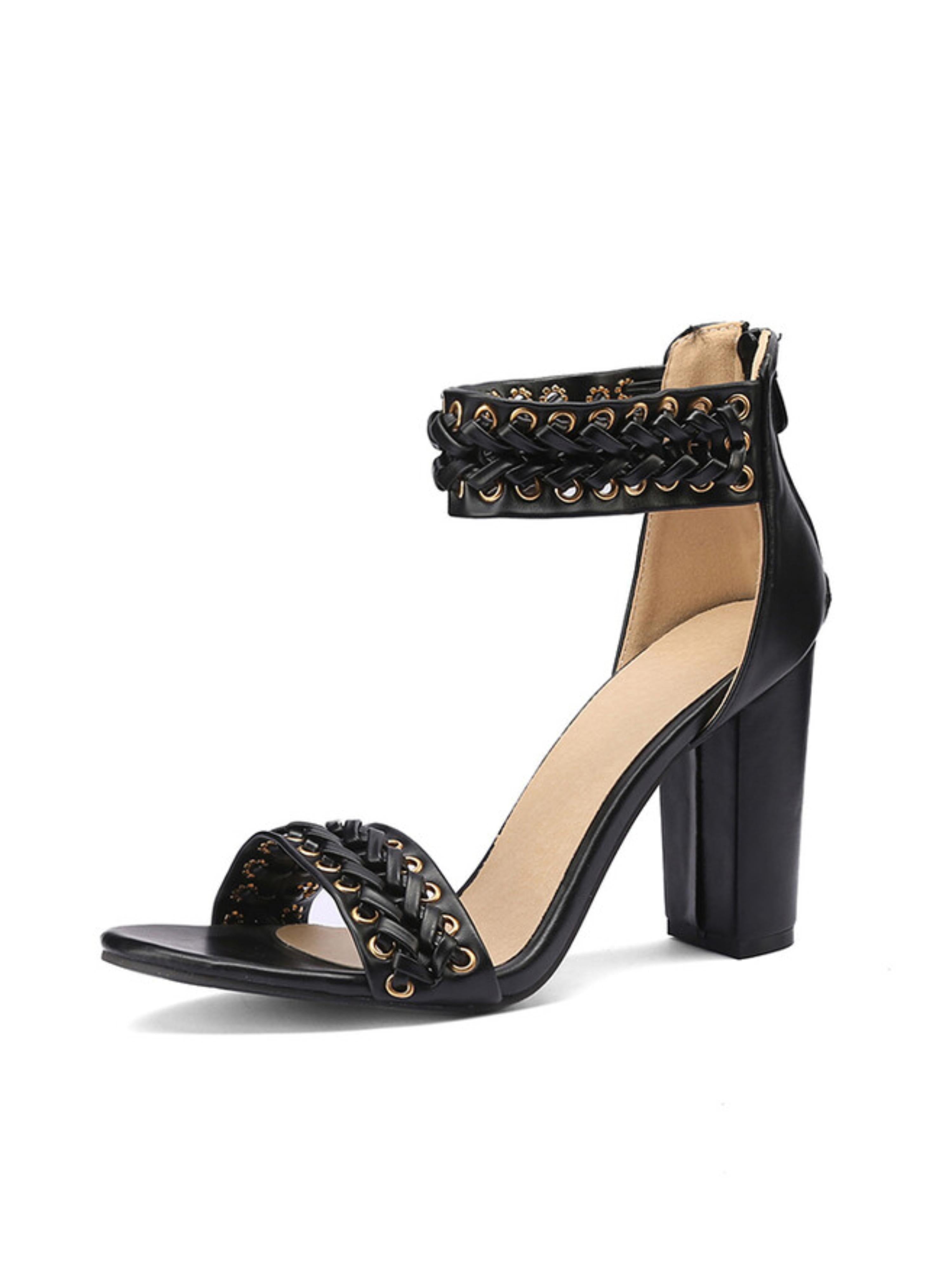 Braided Detailing and Gold-Tone Eyelets Sandals for Women in Black