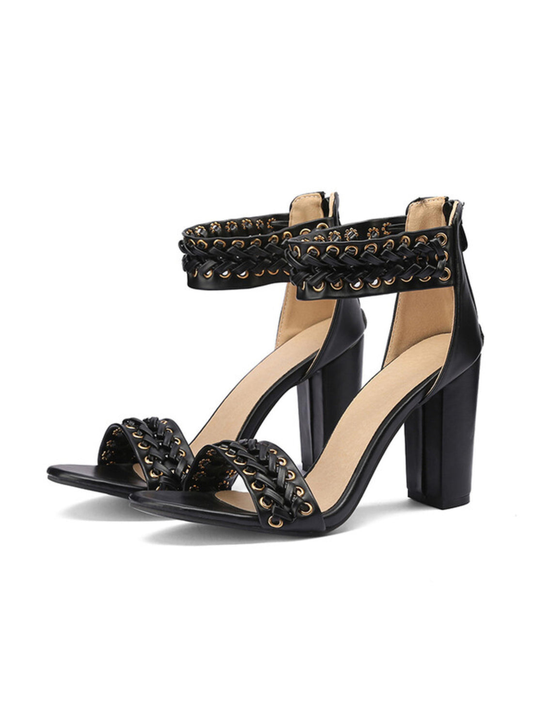 Braided Detailing and Gold-Tone Eyelets Sandals for Women in Black