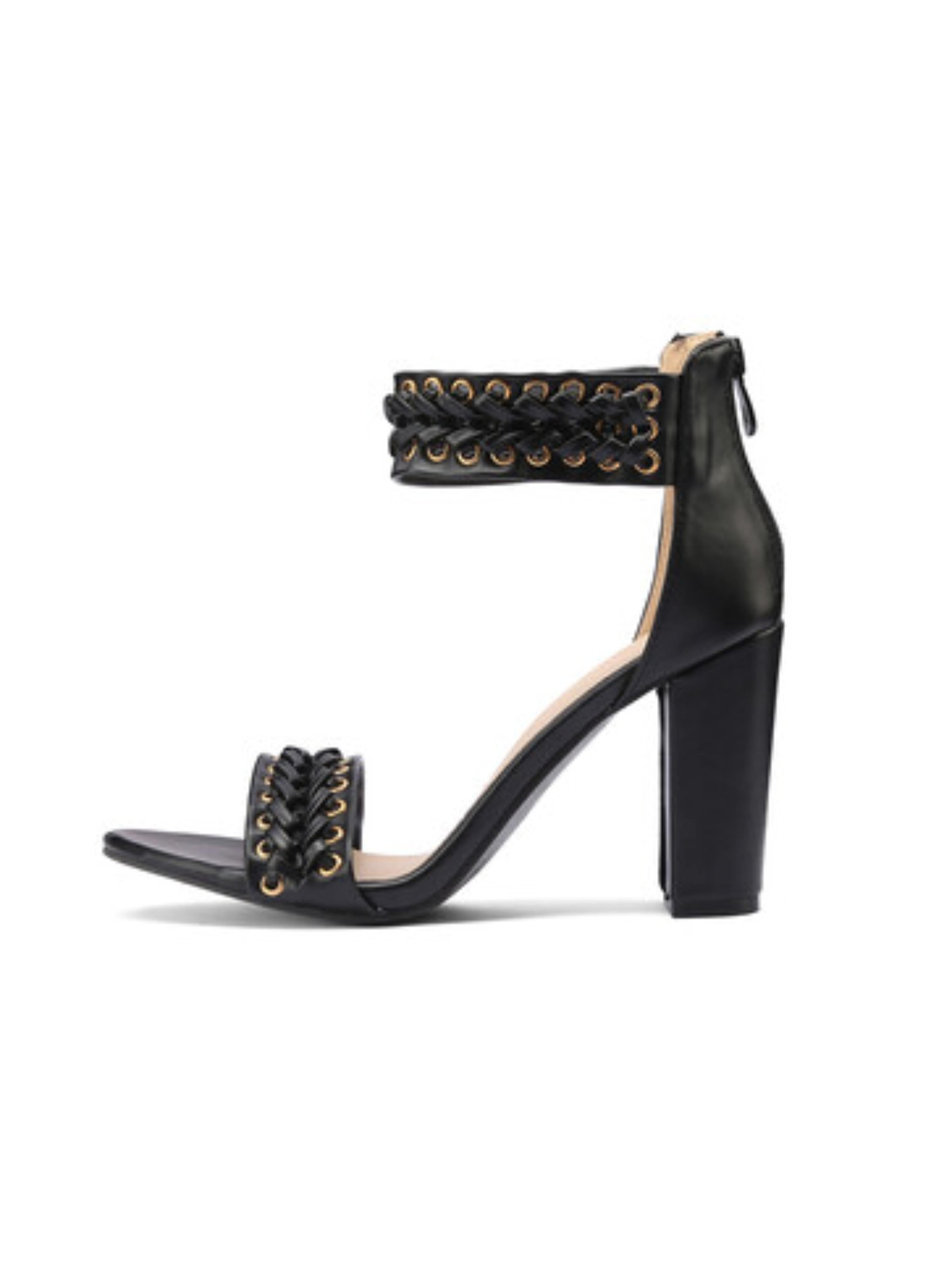 Braided Detailing and Gold-Tone Eyelets Sandals for Women in Black