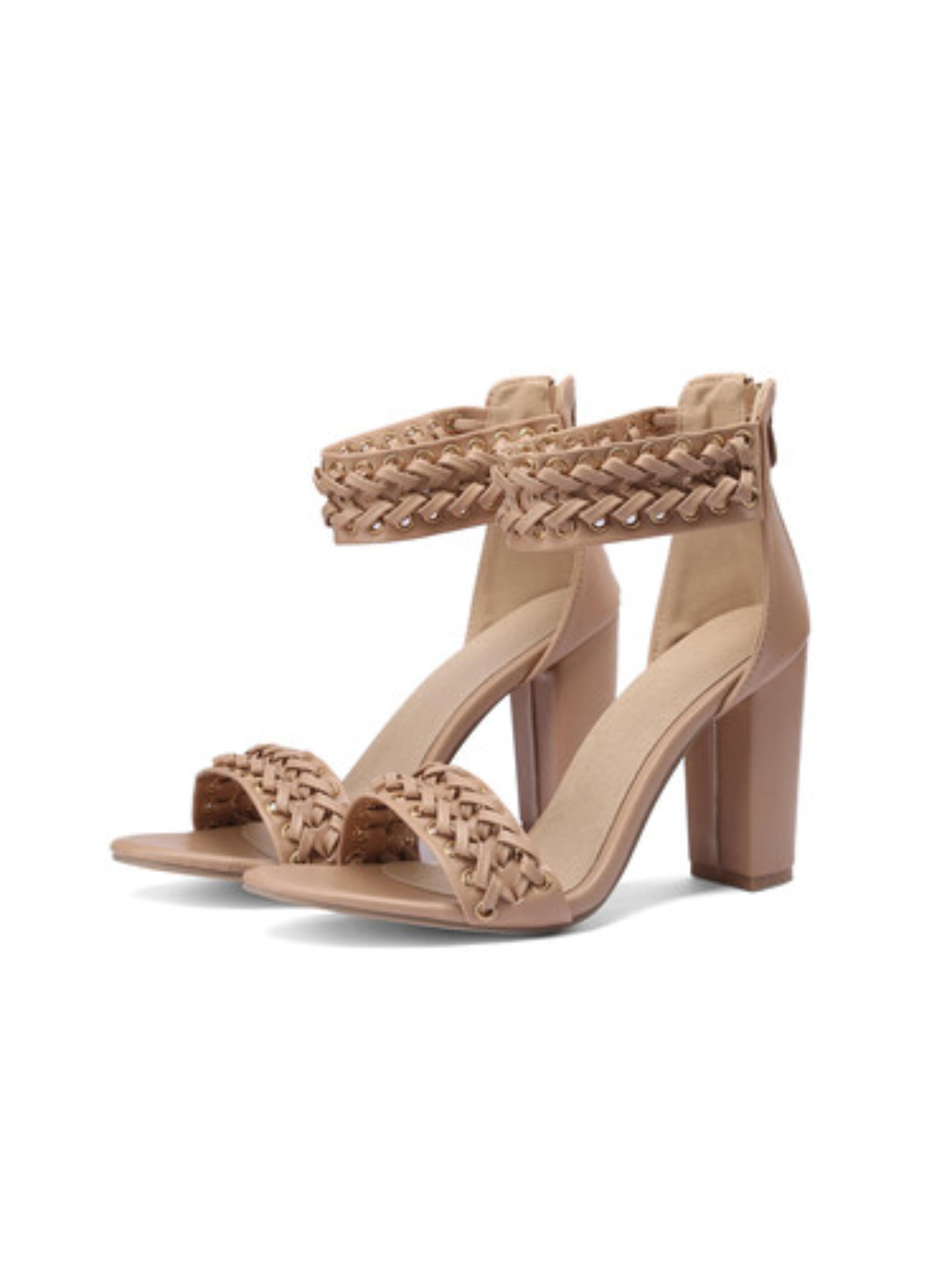 Khaki Block Heel Women's Sandals with Stylish Braided Detailing