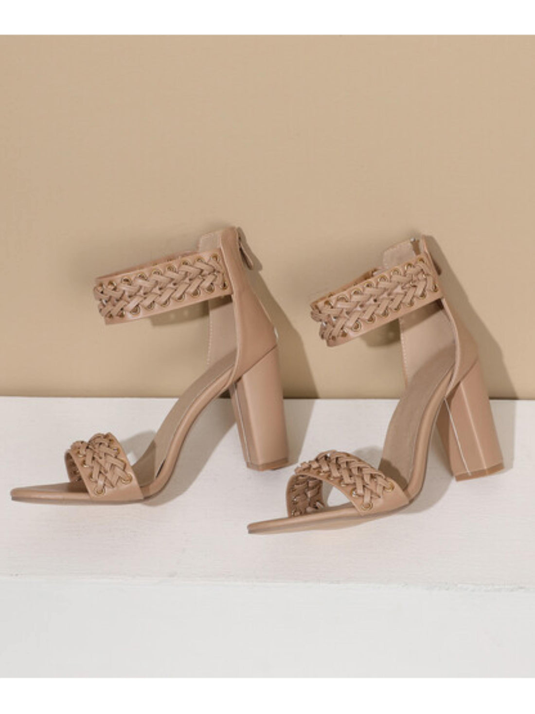 Khaki Block Heel Women's Sandals with Stylish Braided Detailing