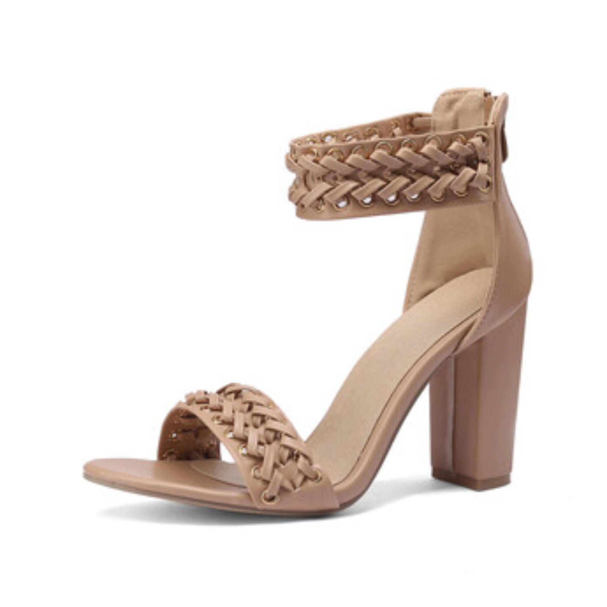 Khaki Block Heel Women's Sandals with Stylish Braided Detailing