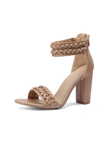 Khaki Block Heel Women's Sandals with Stylish Braided Detailing