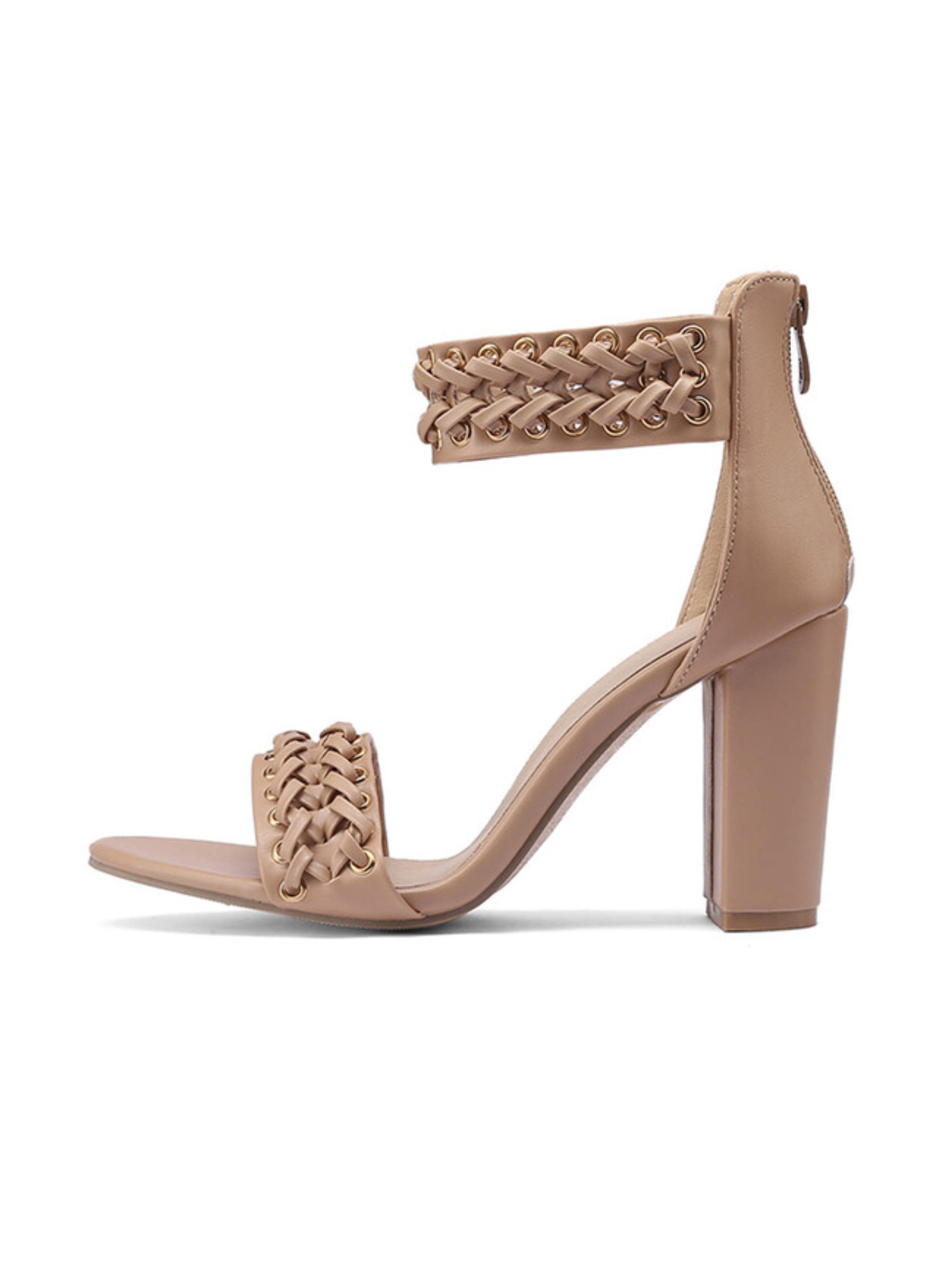 Khaki Block Heel Women's Sandals with Stylish Braided Detailing