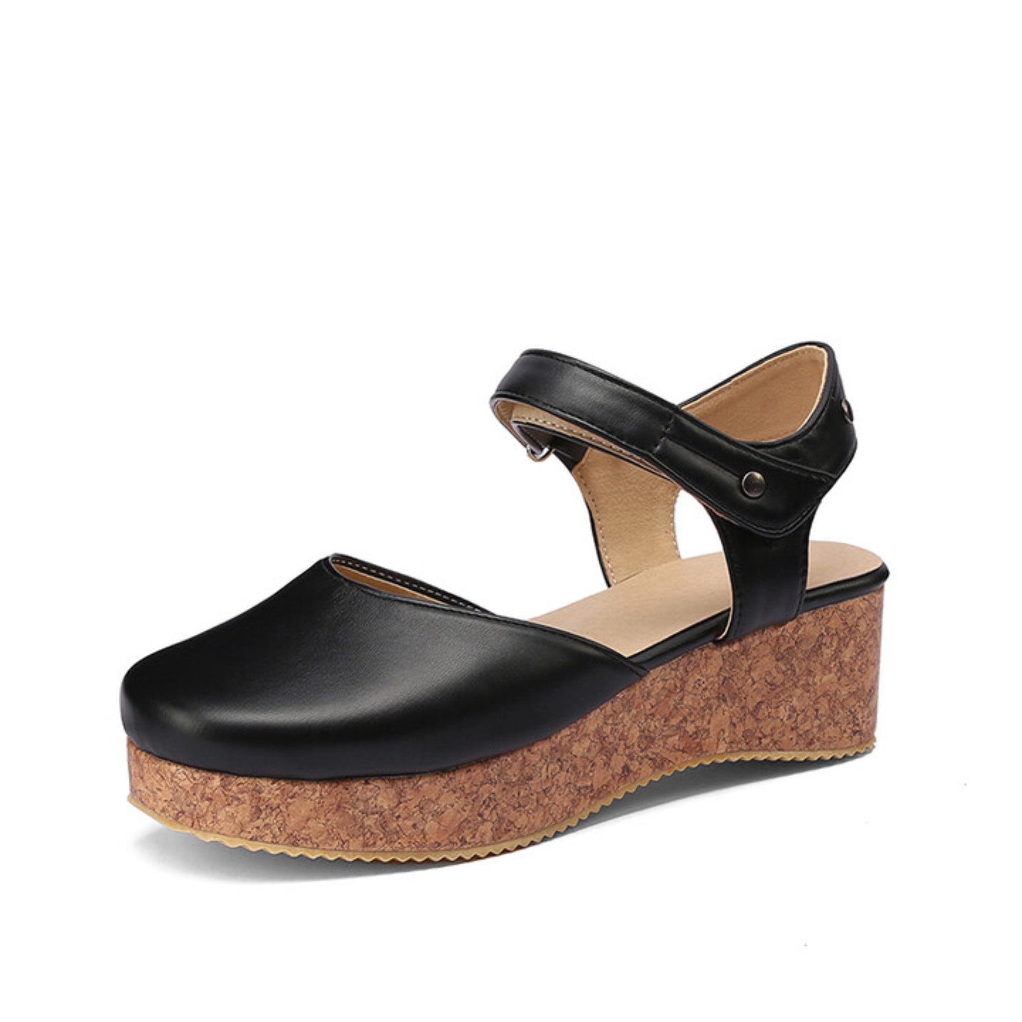 Stylish Black Faux Leather Round-Toe Cork Platform Sandals for Women