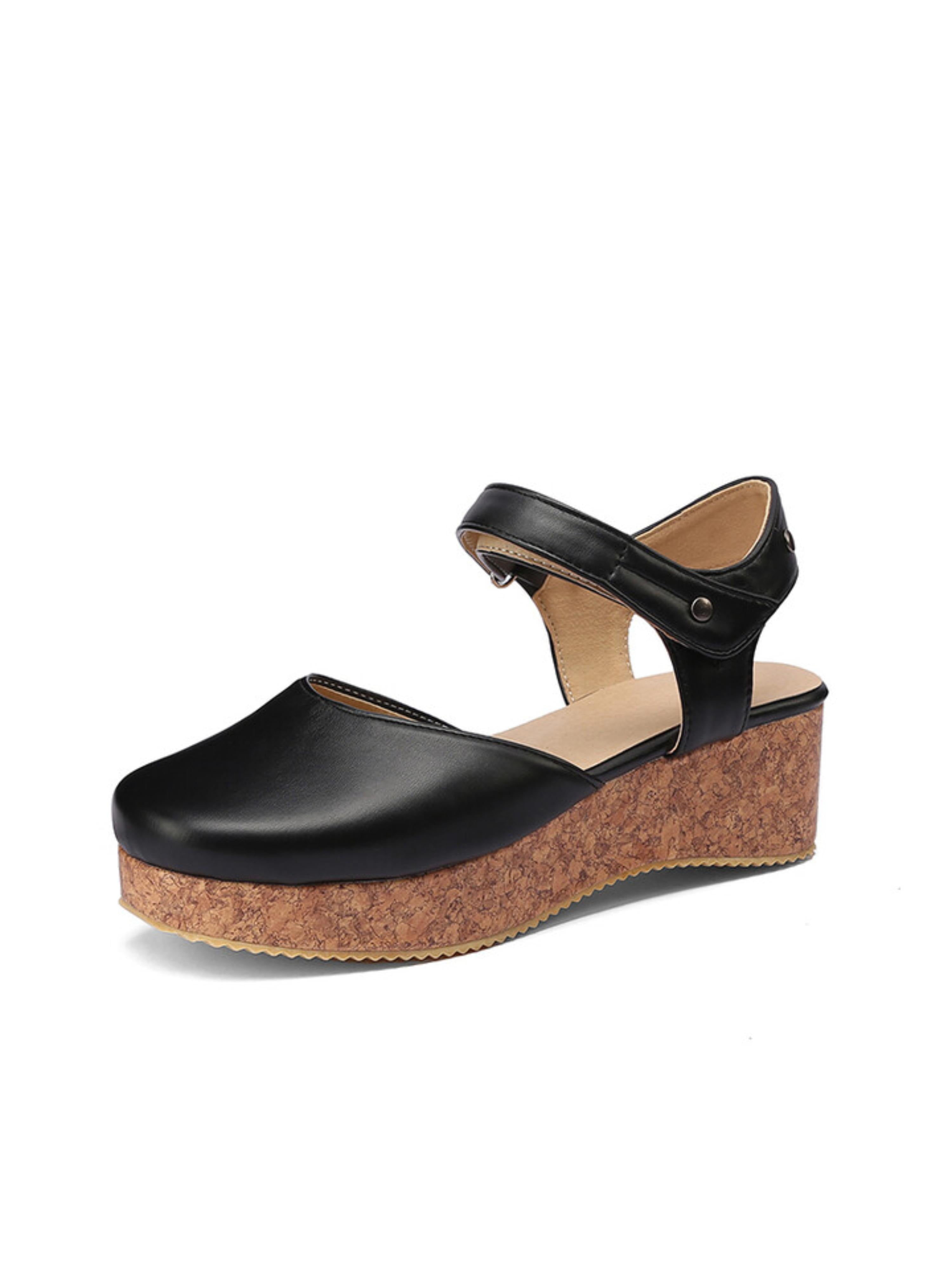 Stylish Black Faux Leather Round-Toe Cork Platform Sandals for Women