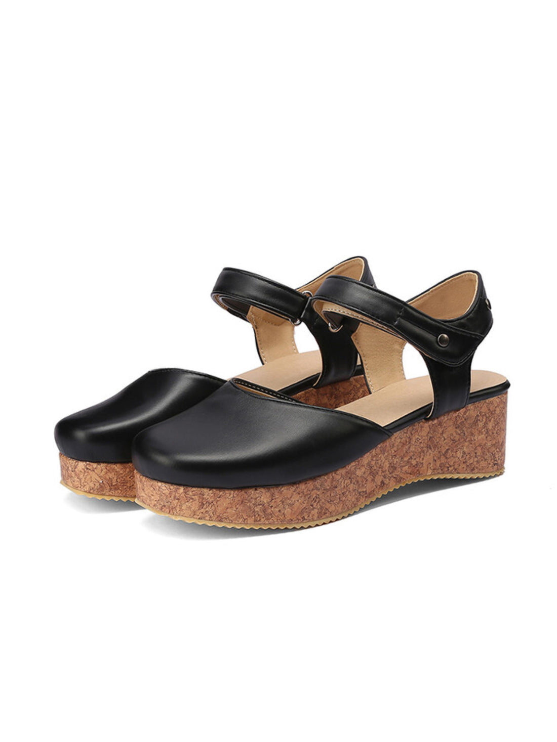Stylish Black Faux Leather Round-Toe Cork Platform Sandals for Women