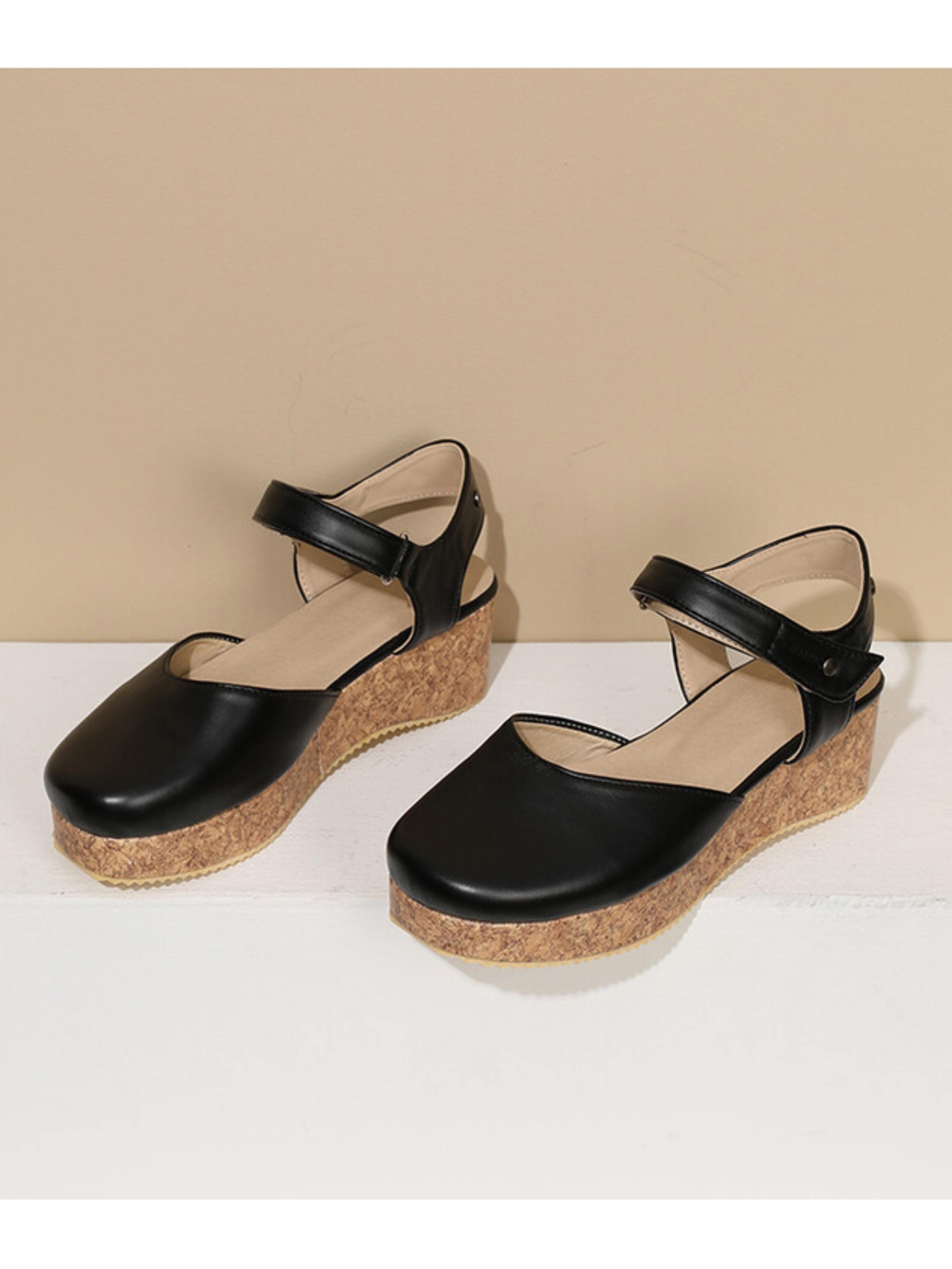 Stylish Black Faux Leather Round-Toe Cork Platform Sandals for Women