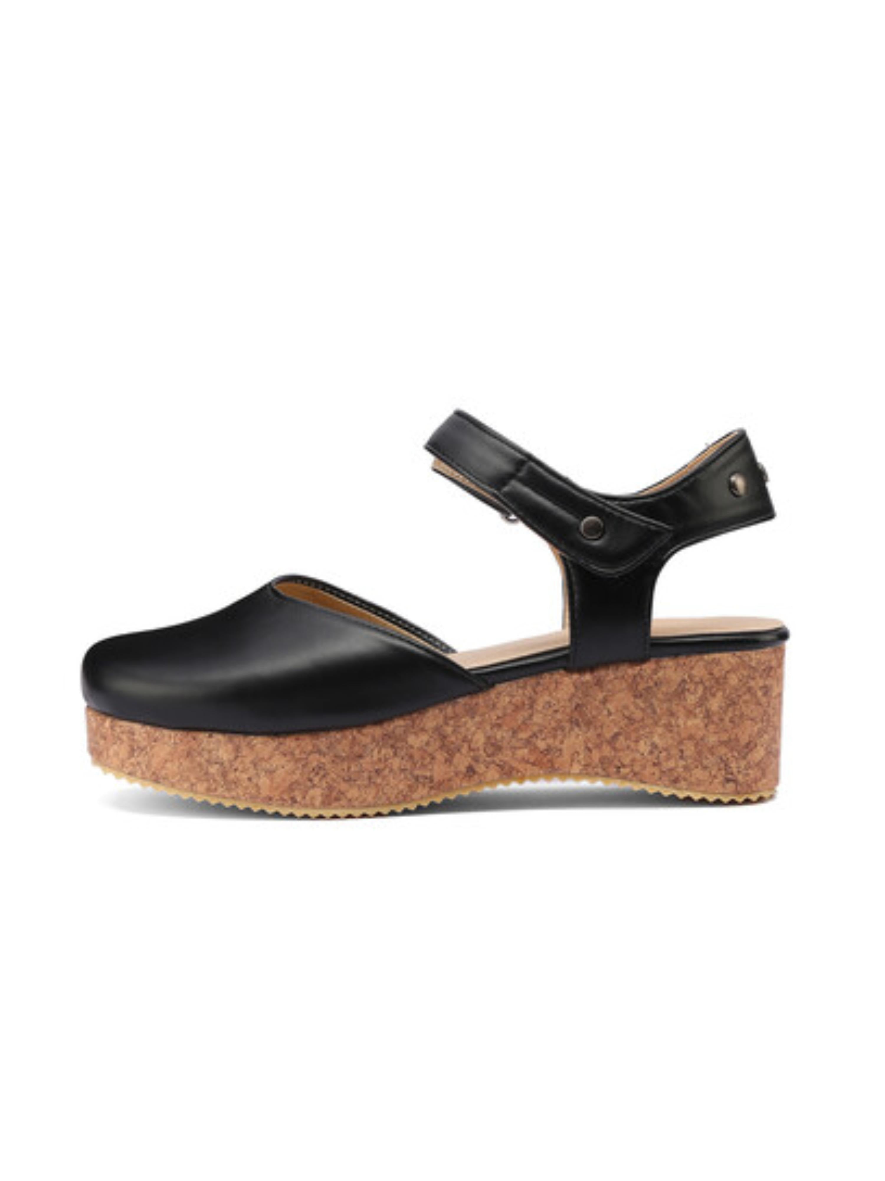 Stylish Black Faux Leather Round-Toe Cork Platform Sandals for Women
