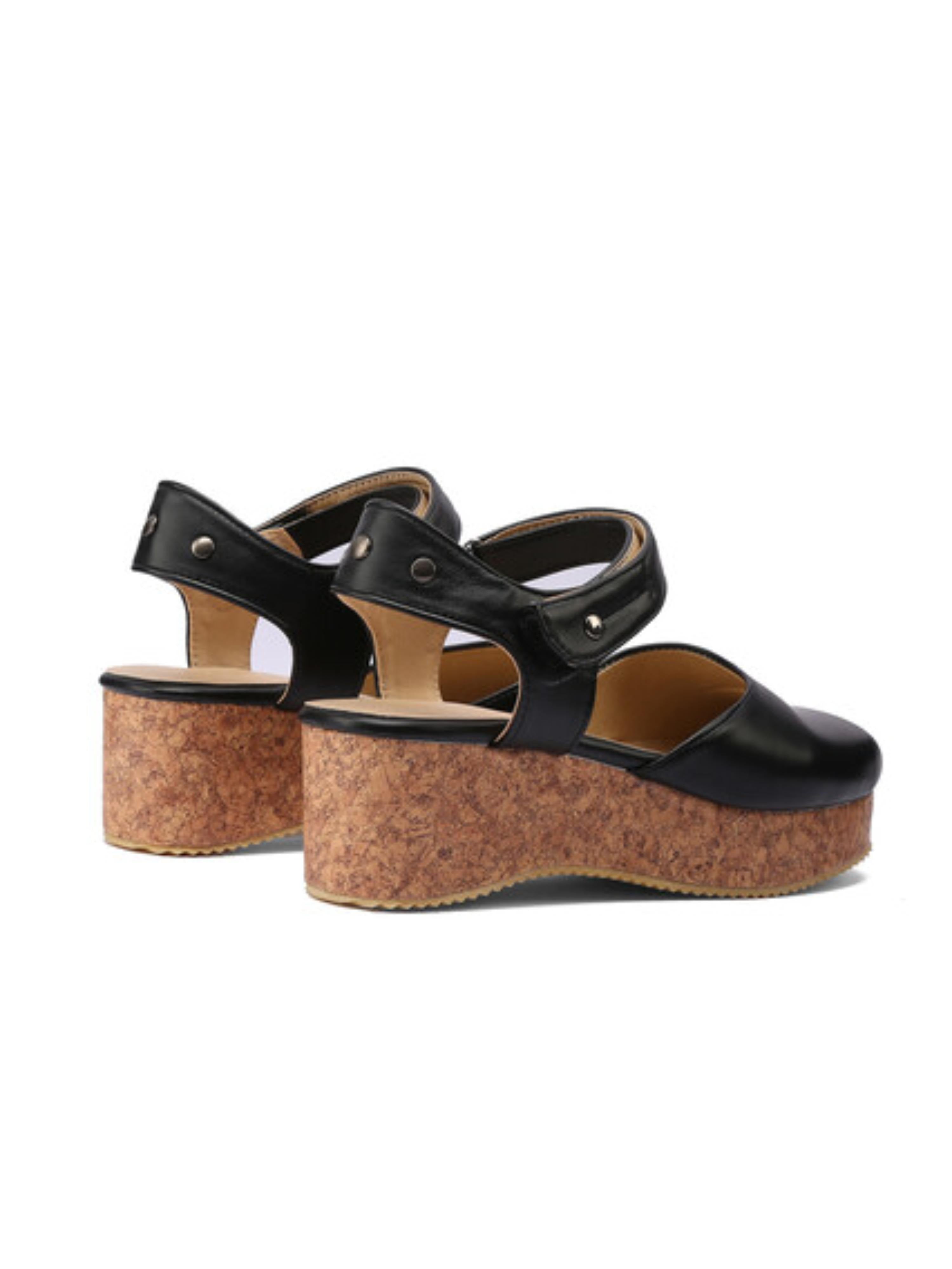 Stylish Black Faux Leather Round-Toe Cork Platform Sandals for Women