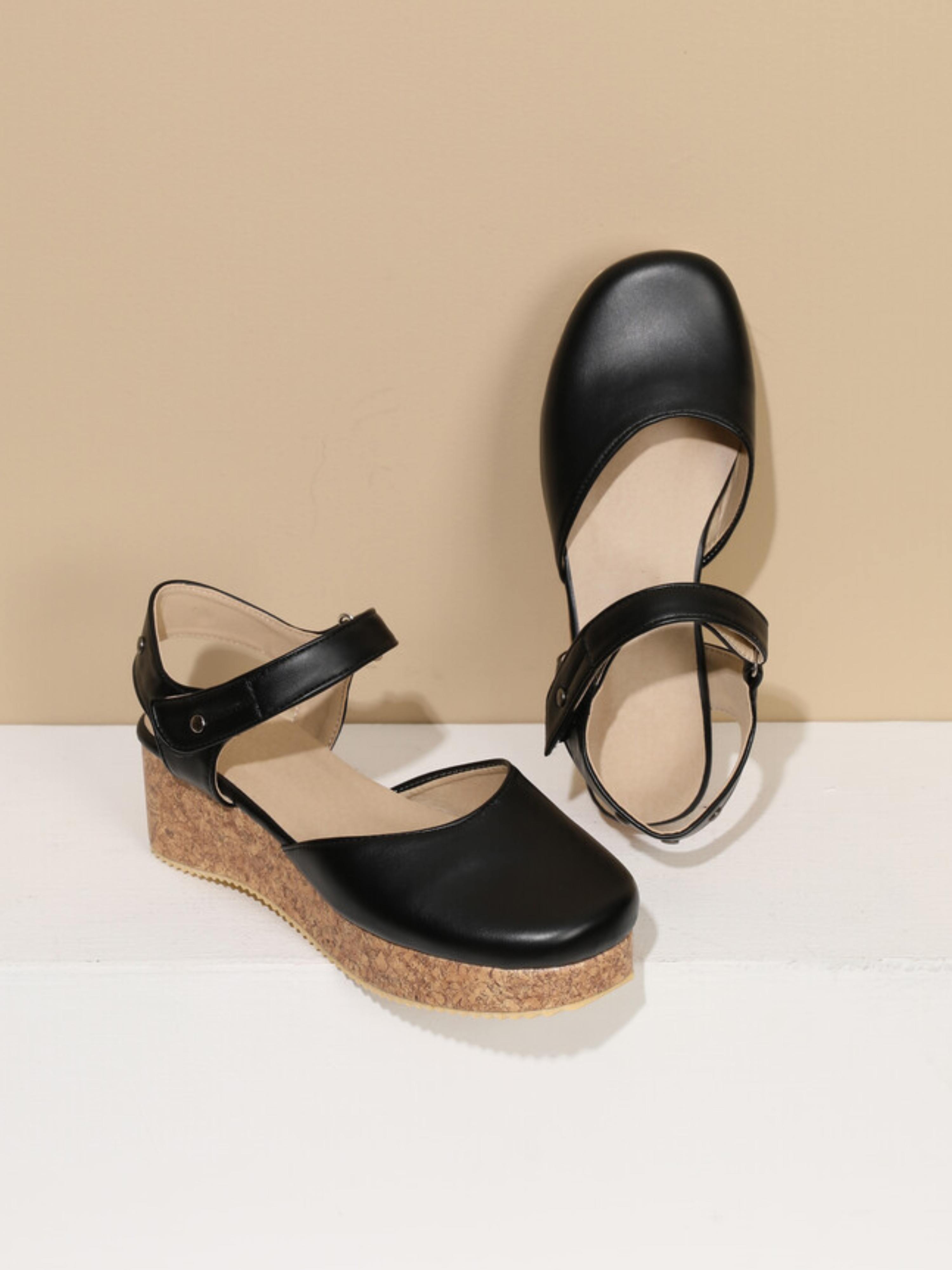 Stylish Black Faux Leather Round-Toe Cork Platform Sandals for Women