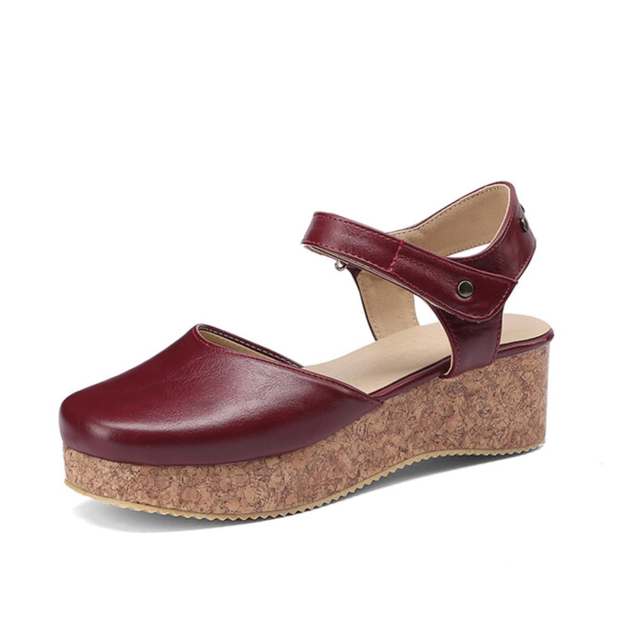 Chic Maroon Cork Platform Ankle Strap Woman Sandals