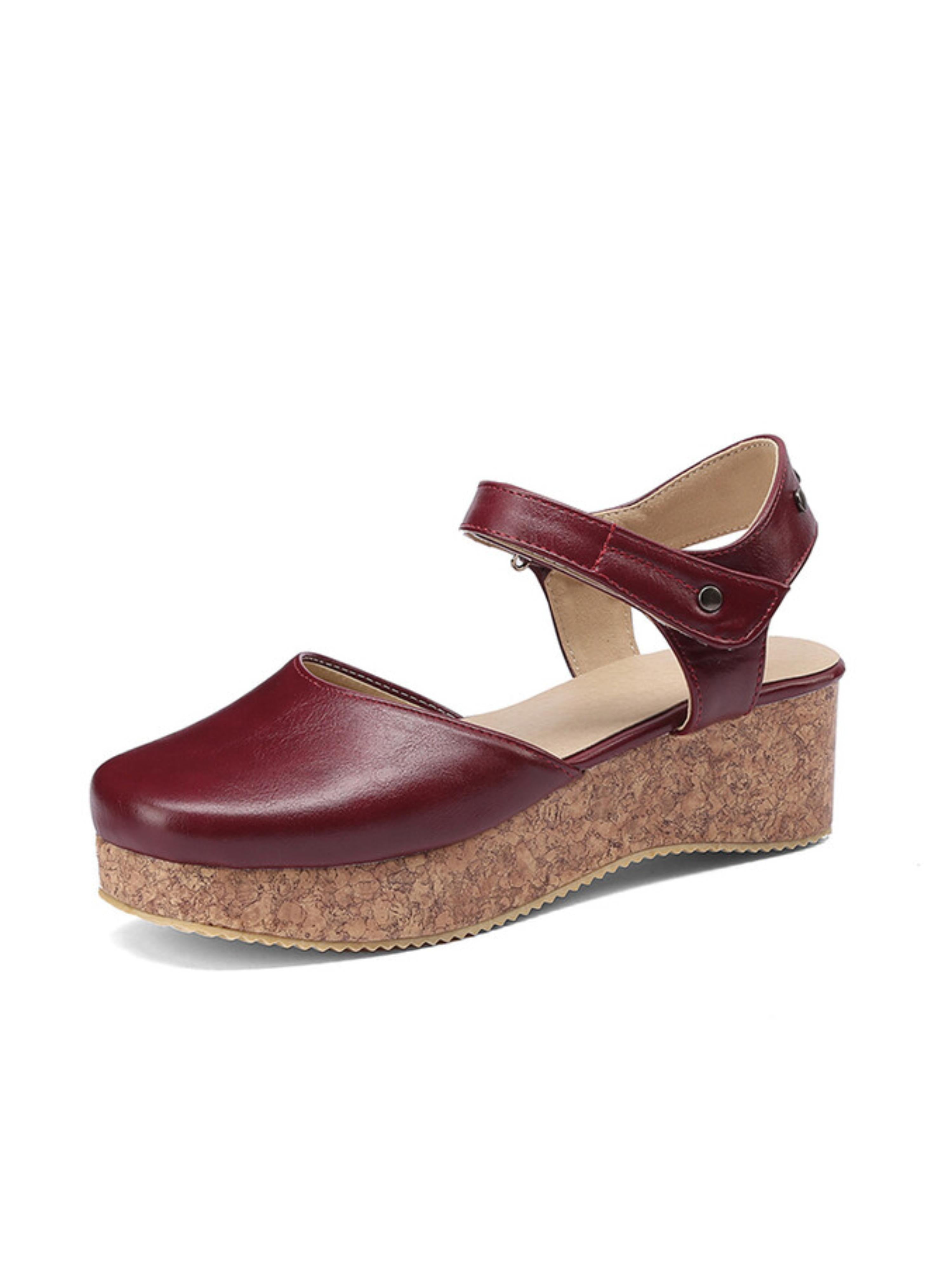 Chic Maroon Cork Platform Ankle Strap Woman Sandals
