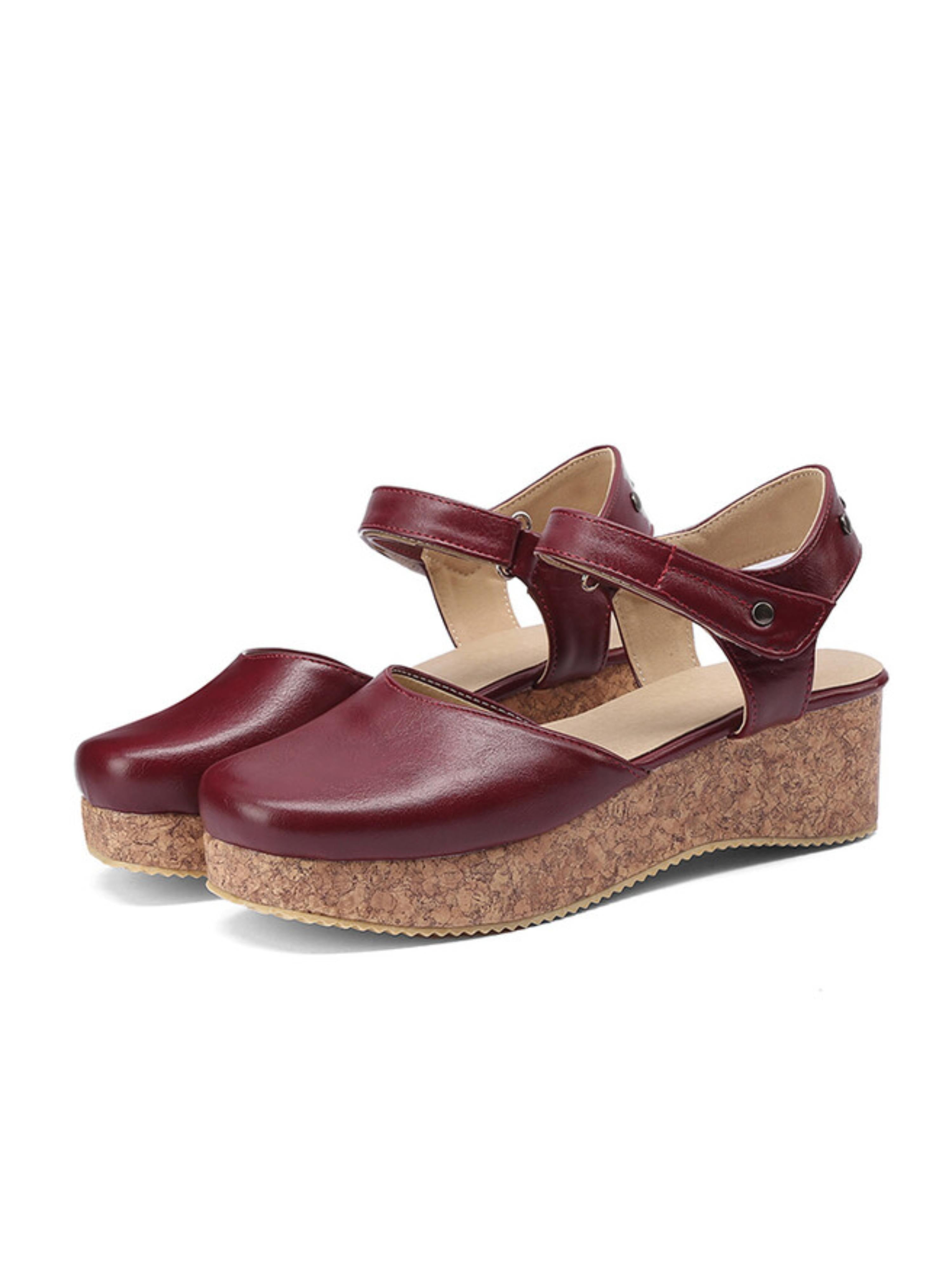 Chic Maroon Cork Platform Ankle Strap Woman Sandals