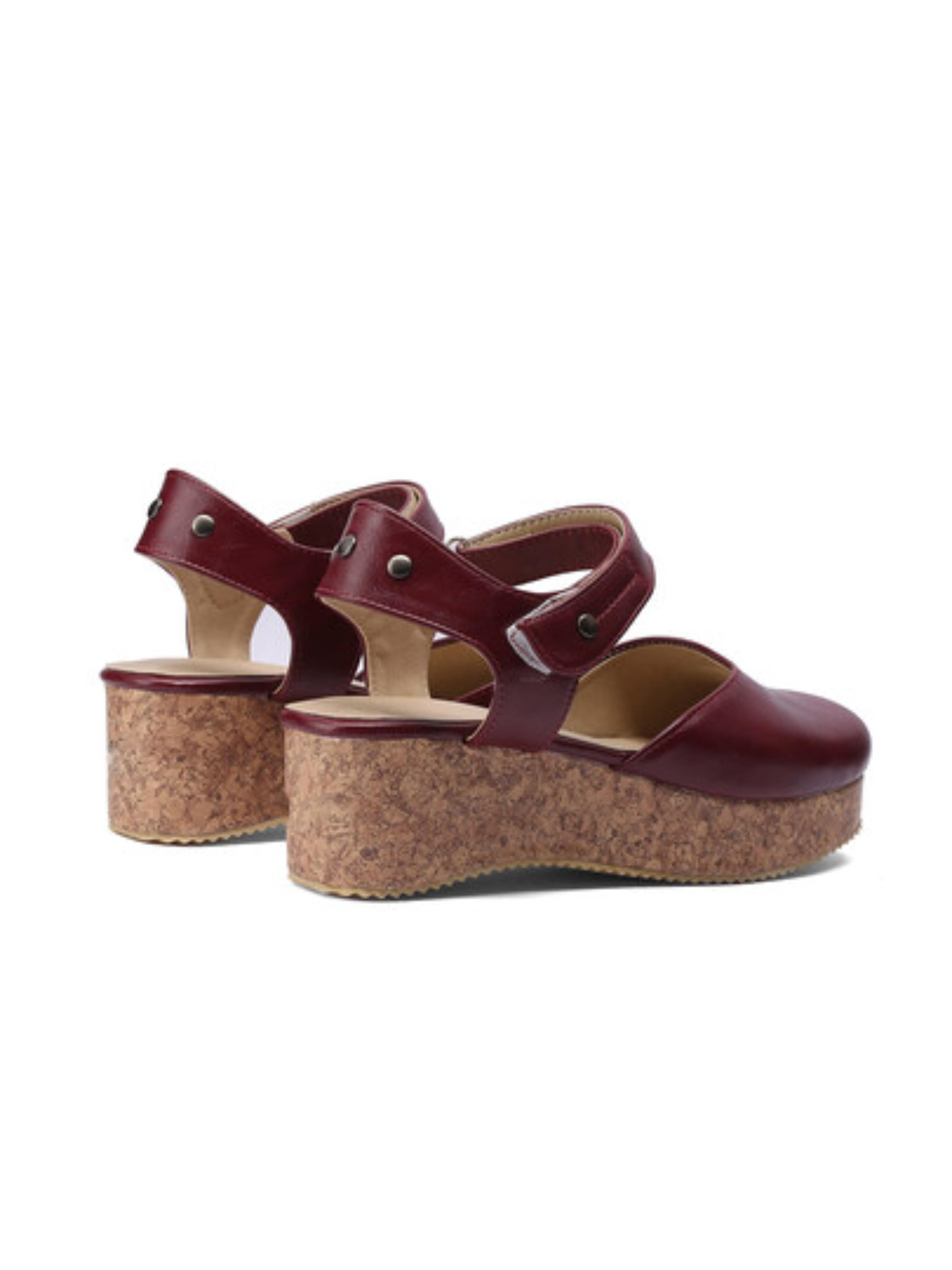 Chic Maroon Cork Platform Ankle Strap Woman Sandals