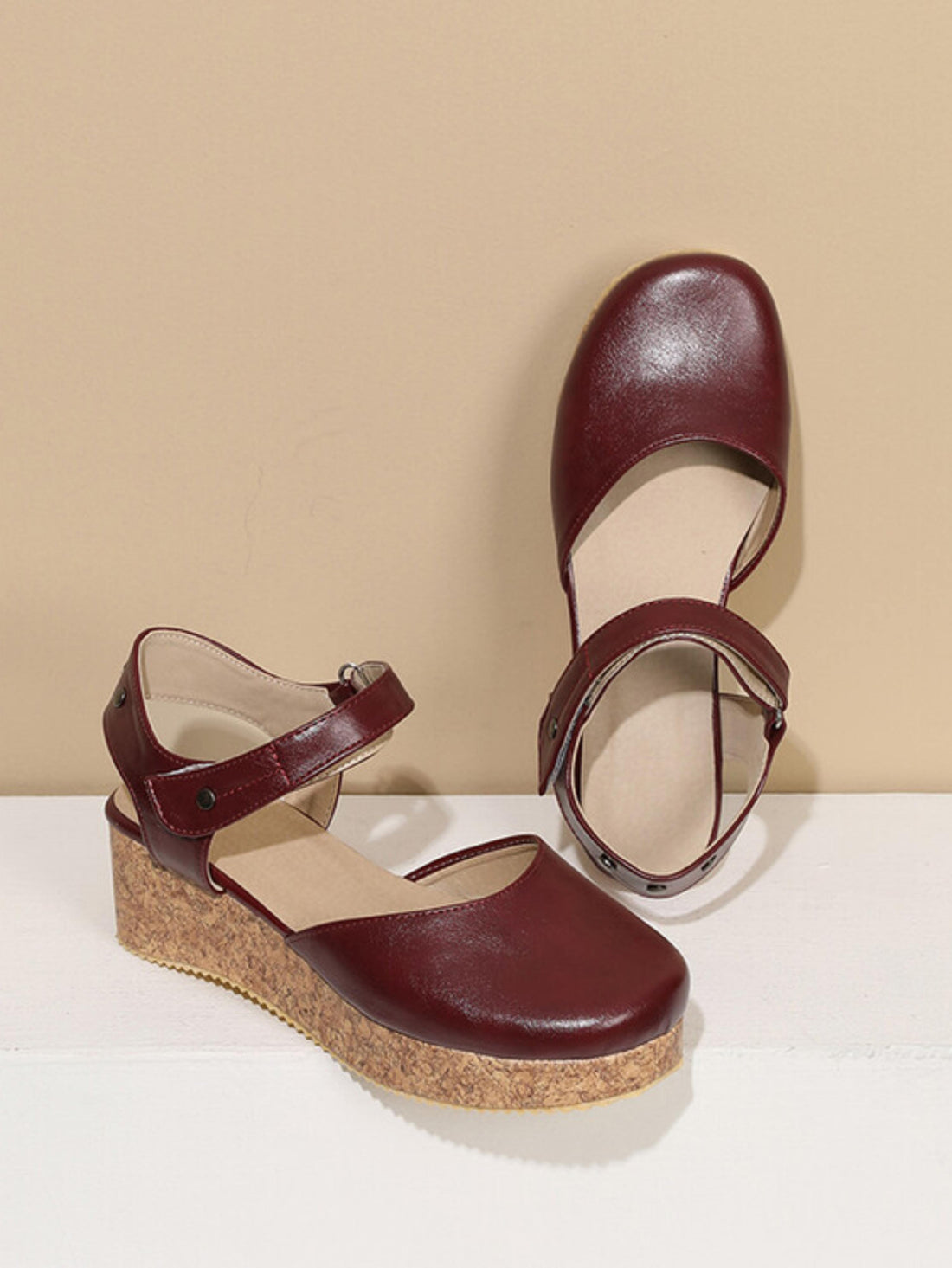 Chic Maroon Cork Platform Ankle Strap Woman Sandals