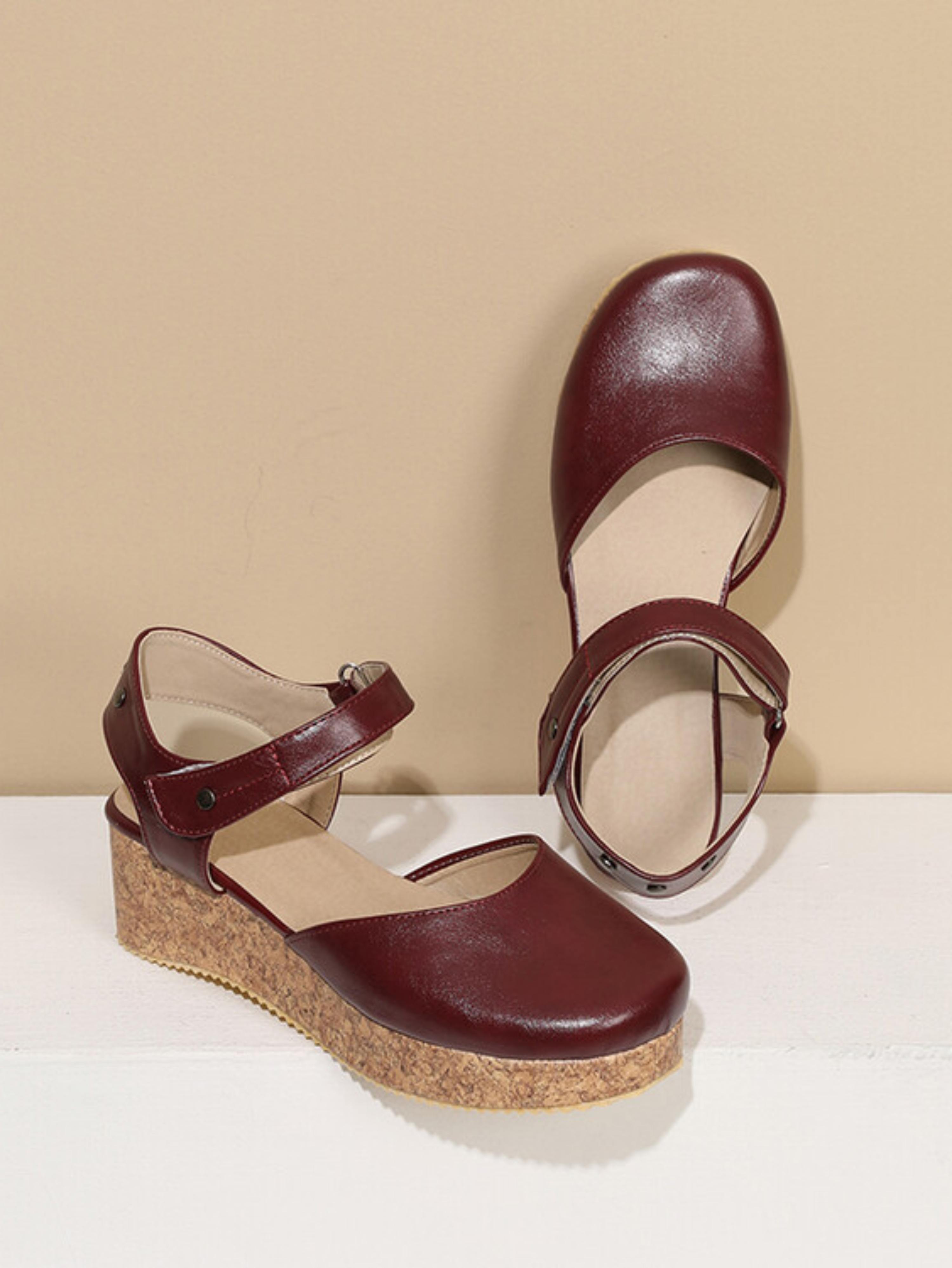 Chic Maroon Cork Platform Ankle Strap Woman Sandals