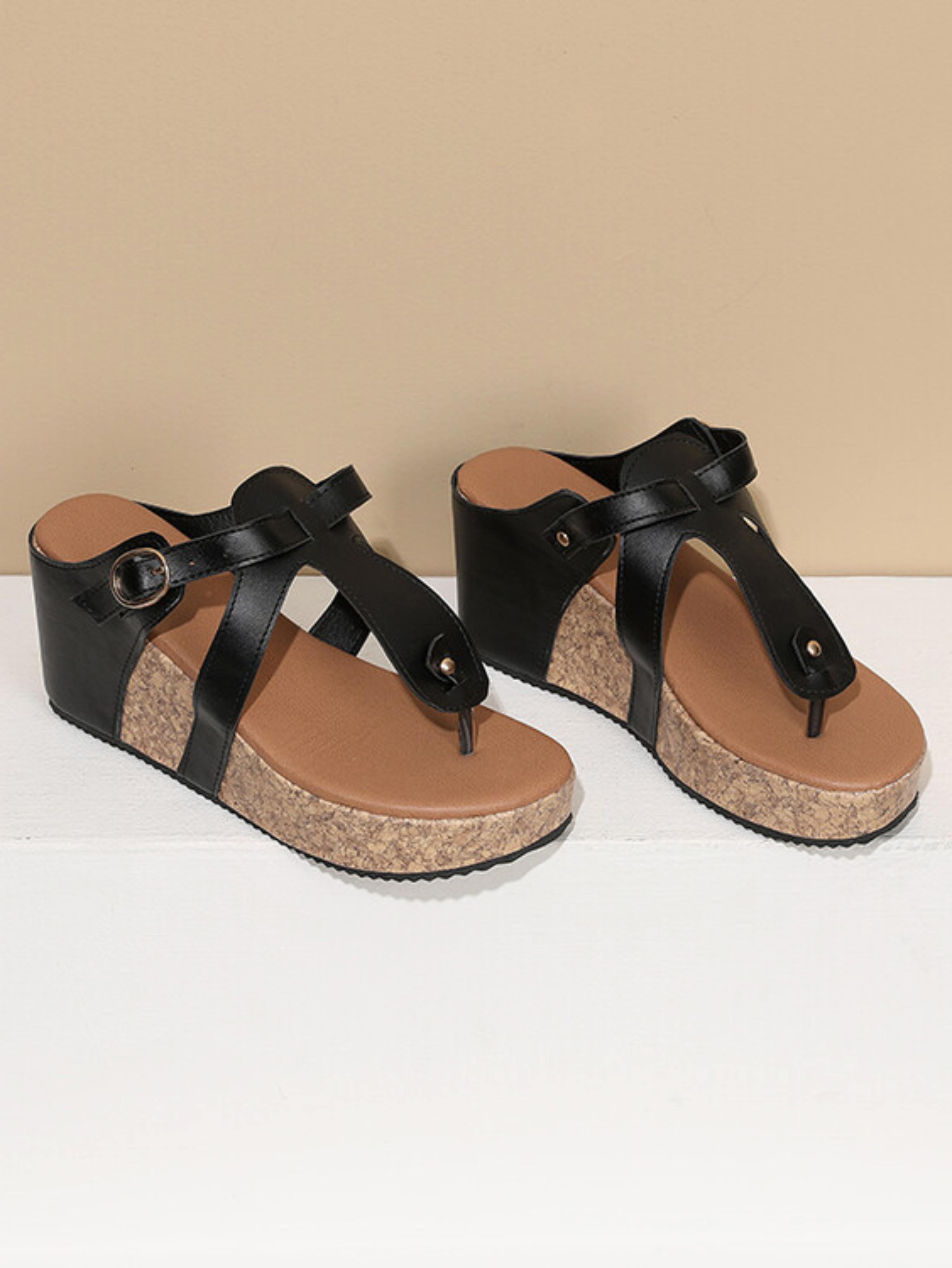 Black Cork Wedge Platform Mule Sandals for Women
