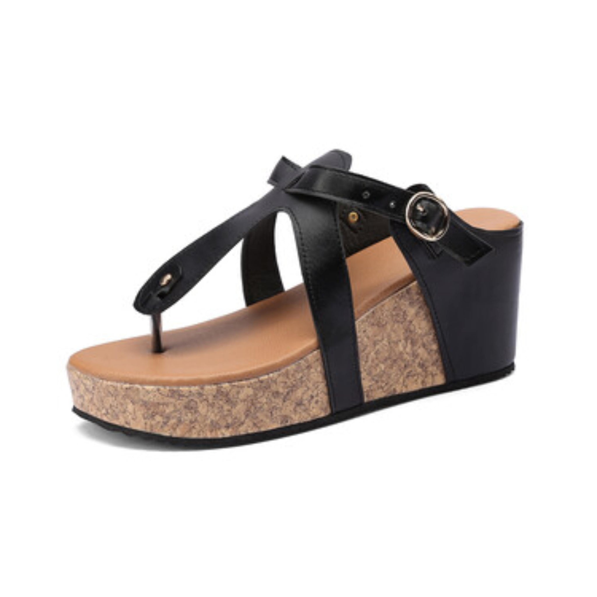 Black Cork Wedge Platform Mule Sandals for Women