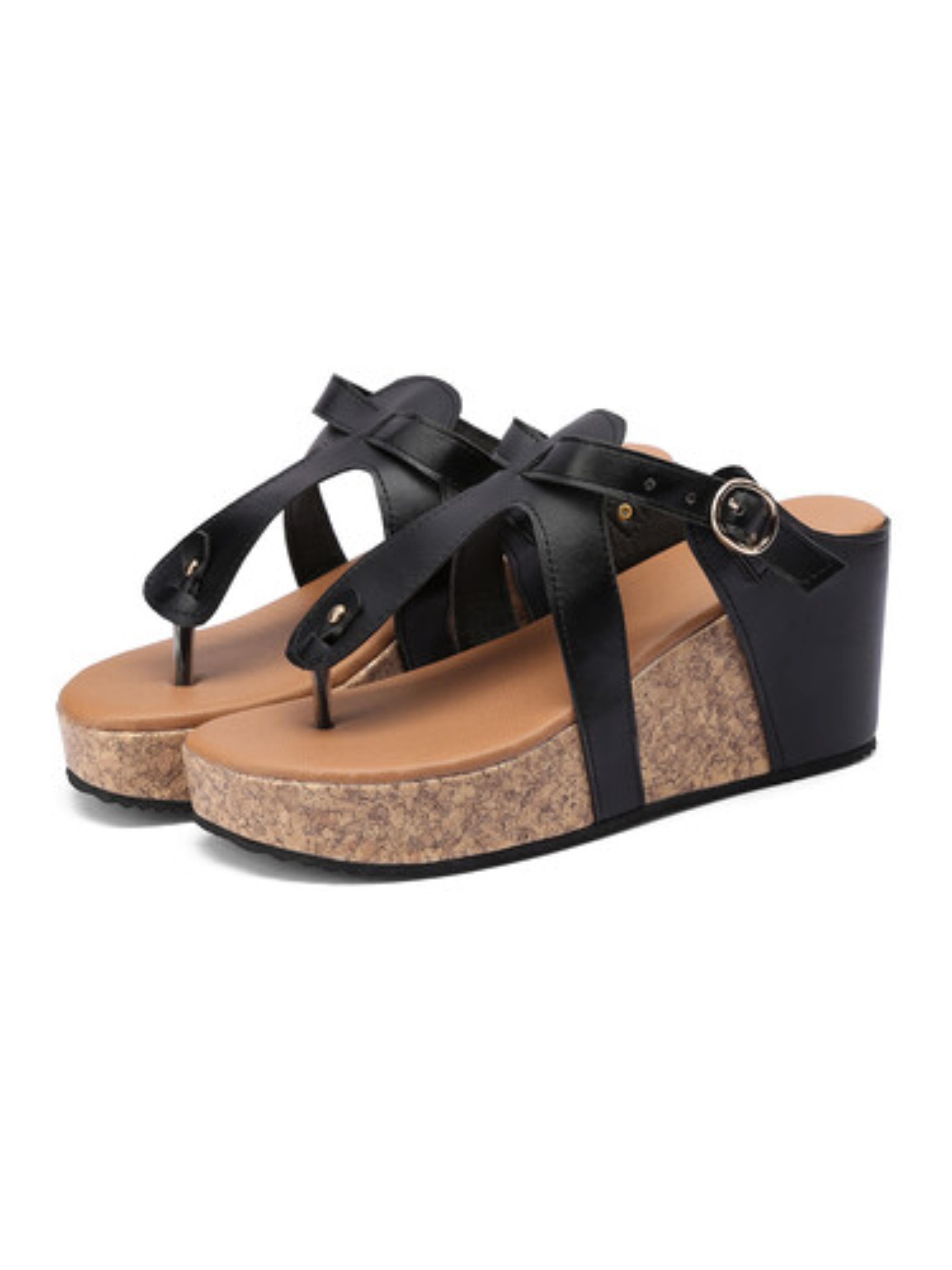 Black Cork Wedge Platform Mule Sandals for Women