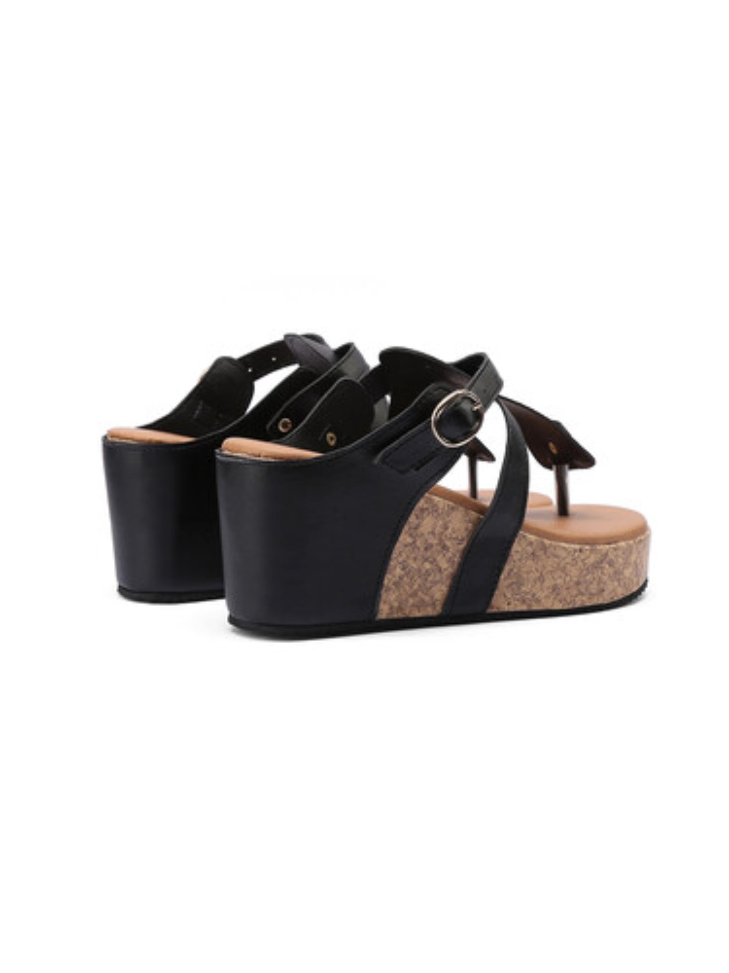 Black Cork Wedge Platform Mule Sandals for Women