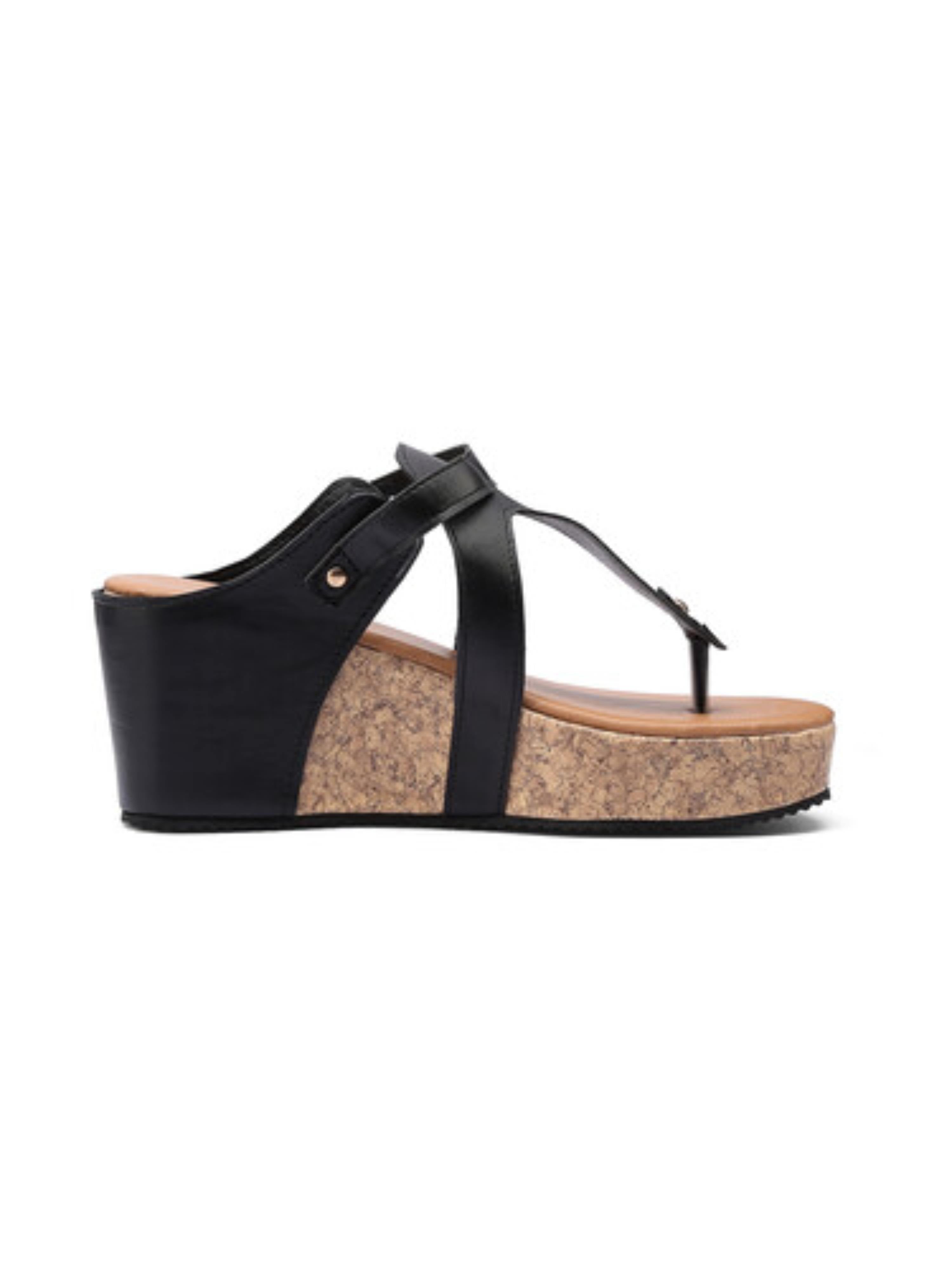 Black Cork Wedge Platform Mule Sandals for Women