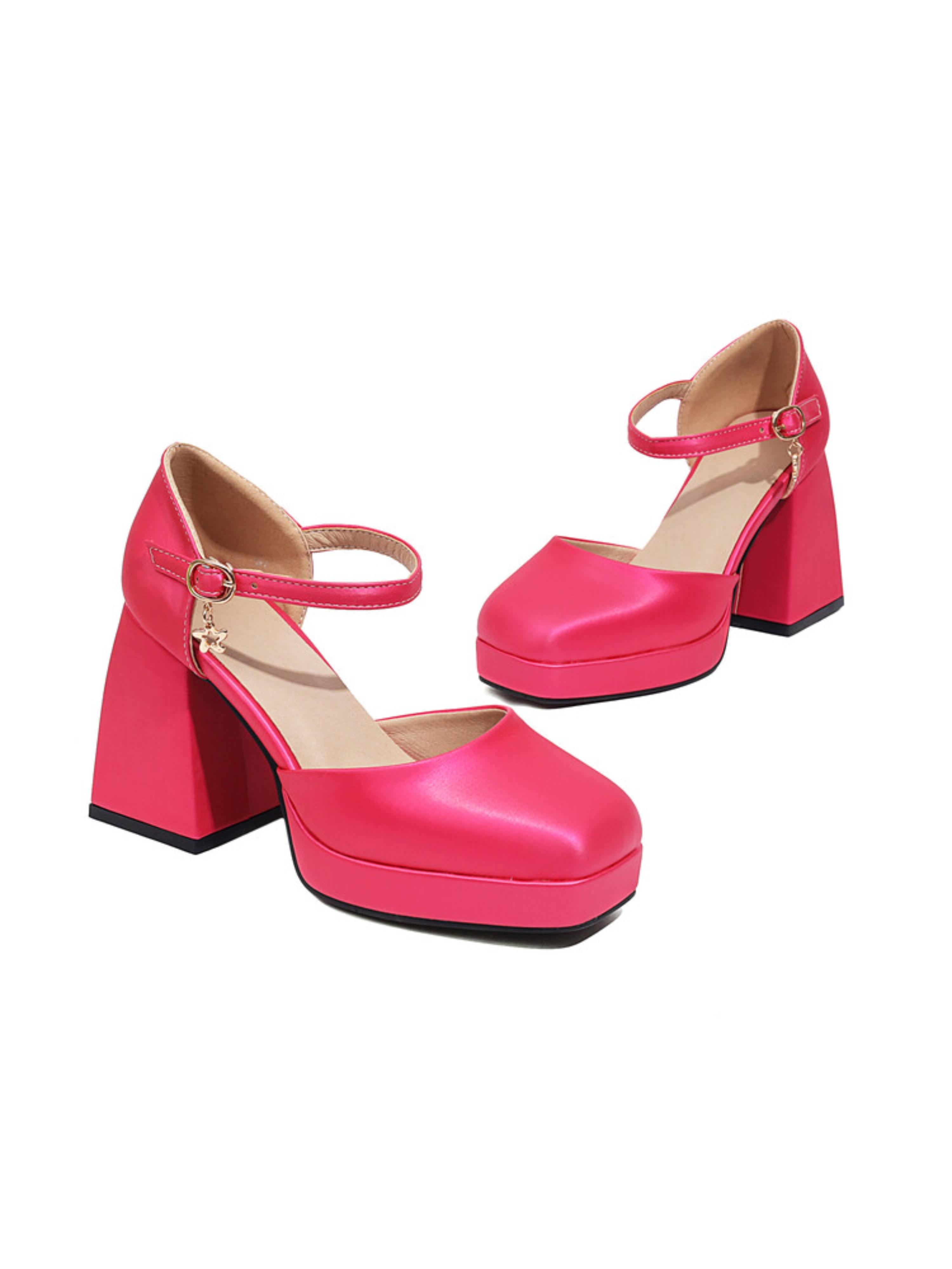 Pink Block Heel Ankle Strap Heels Woman Sandals