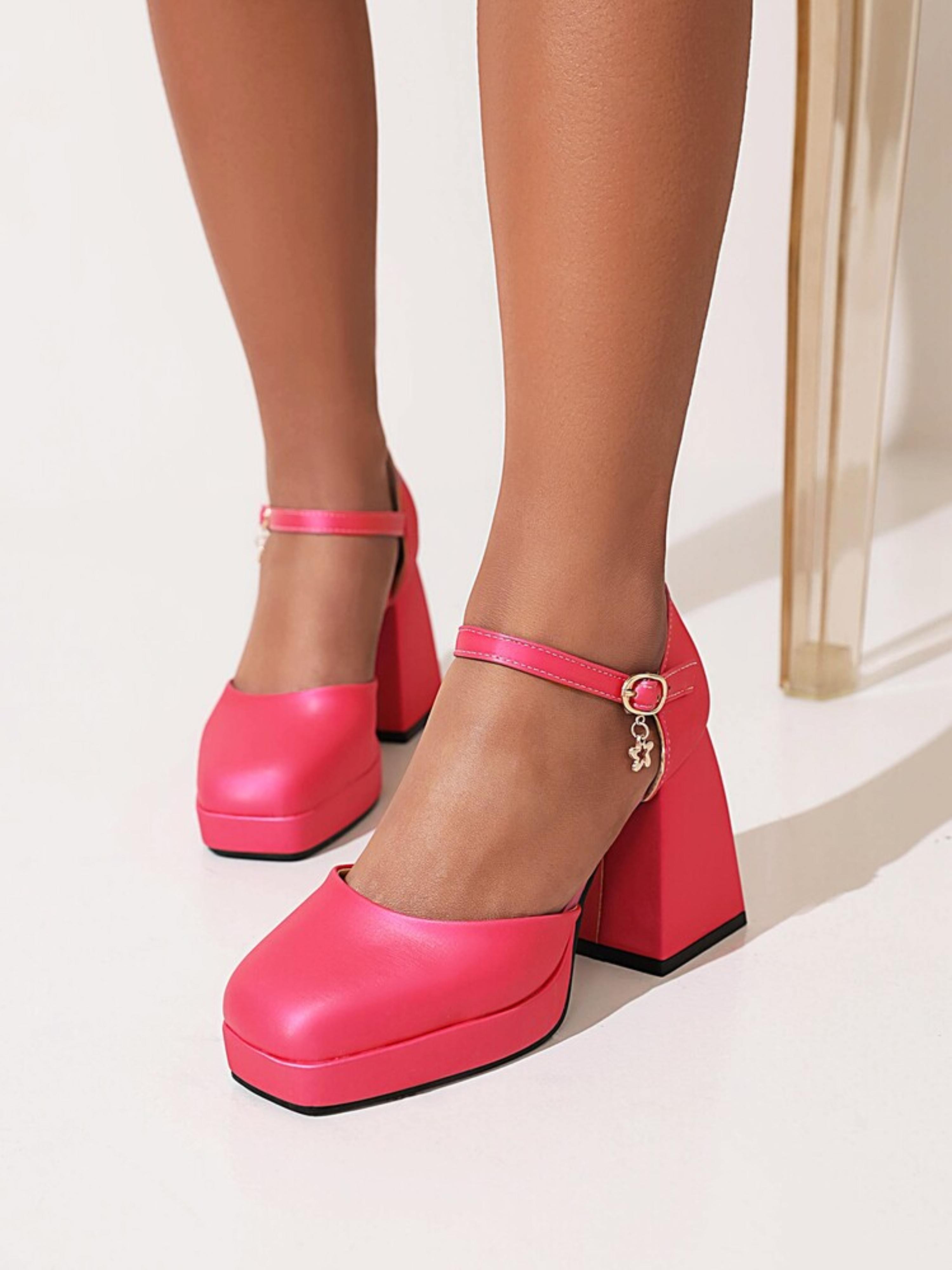 Pink Block Heel Ankle Strap Heels Woman Sandals