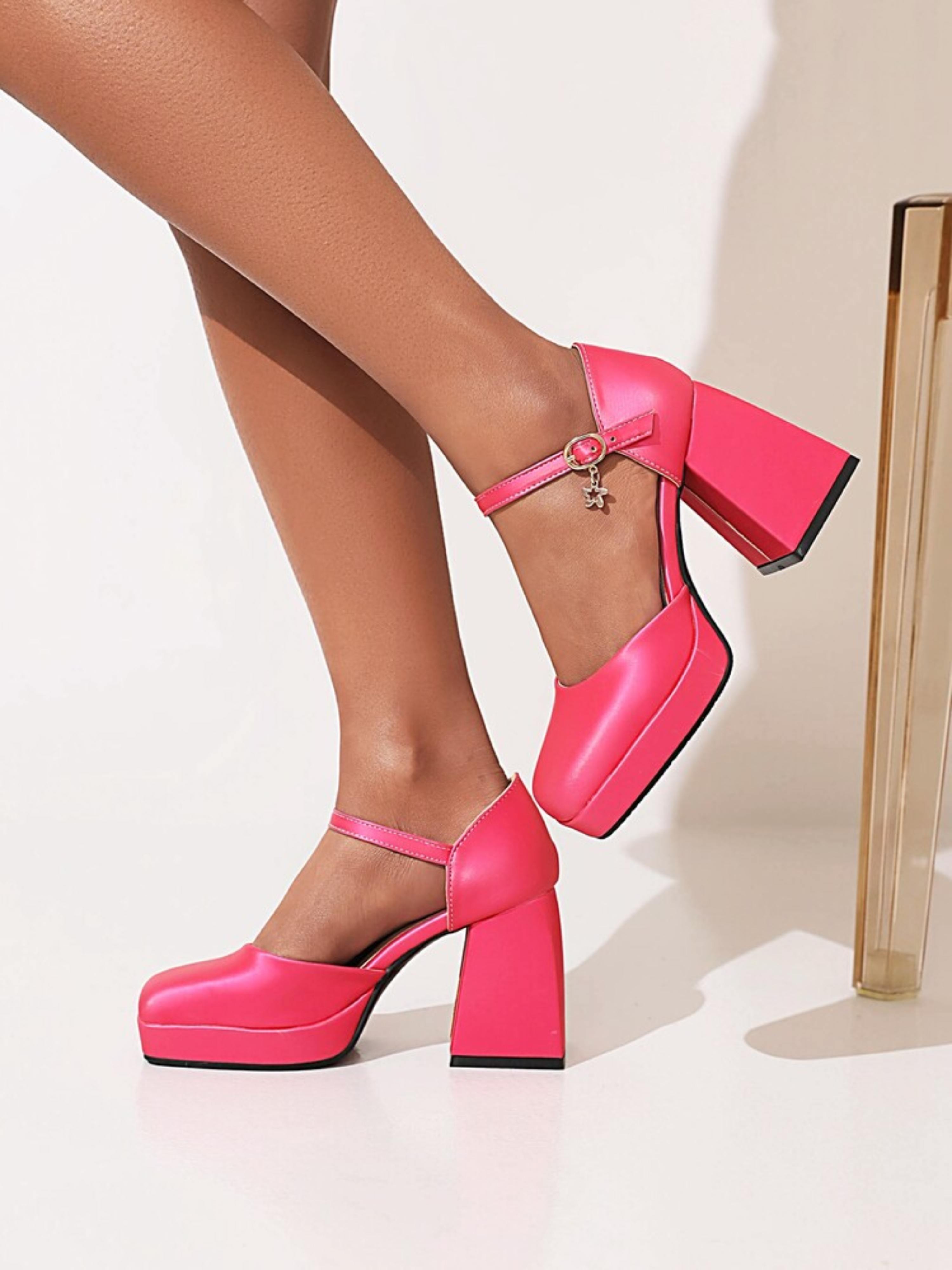 Pink Block Heel Ankle Strap Heels Woman Sandals