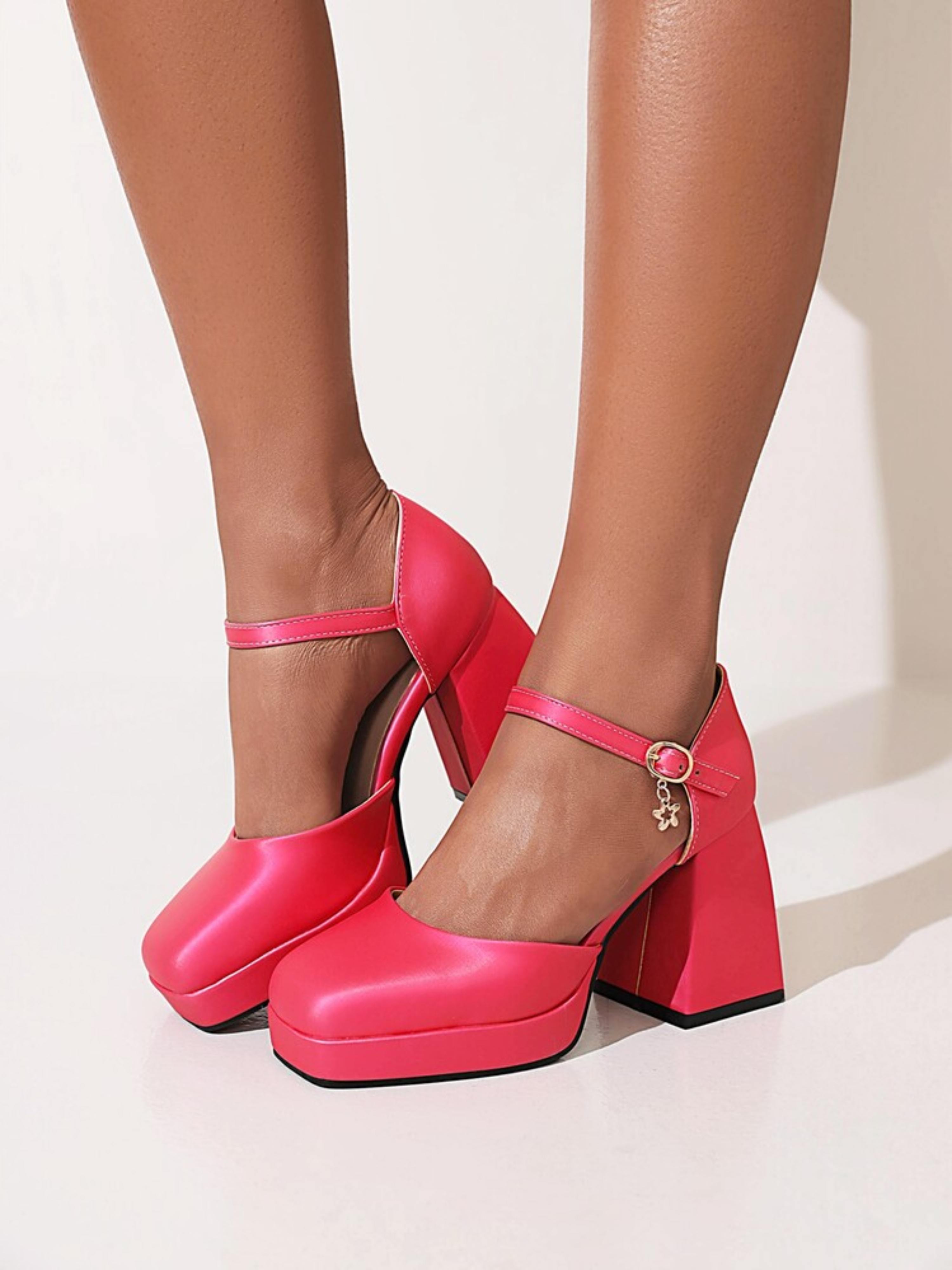 Pink Block Heel Ankle Strap Heels Woman Sandals
