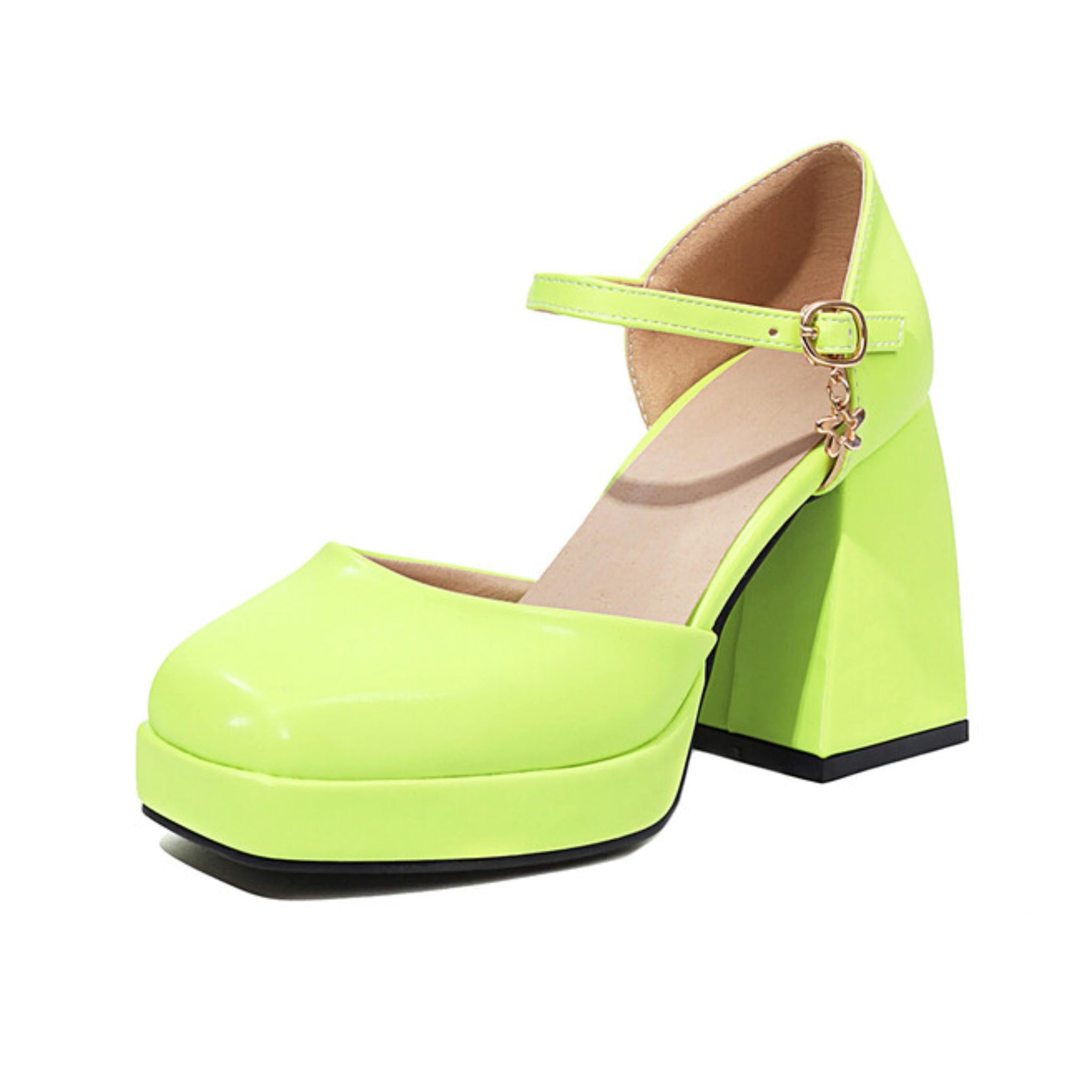 Neon green high-heeled shoe with a strap