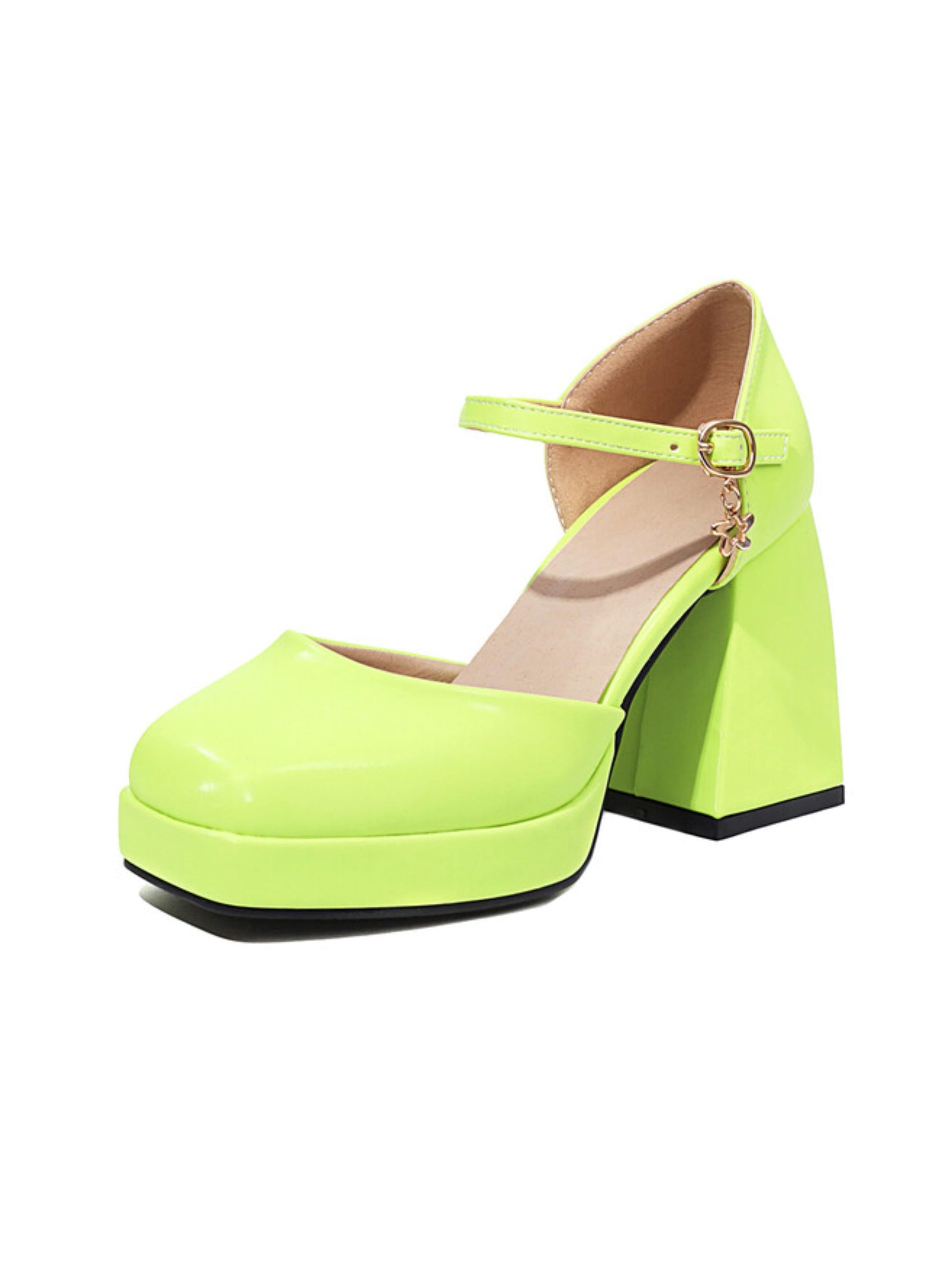 Neon green high-heeled shoe with a strap