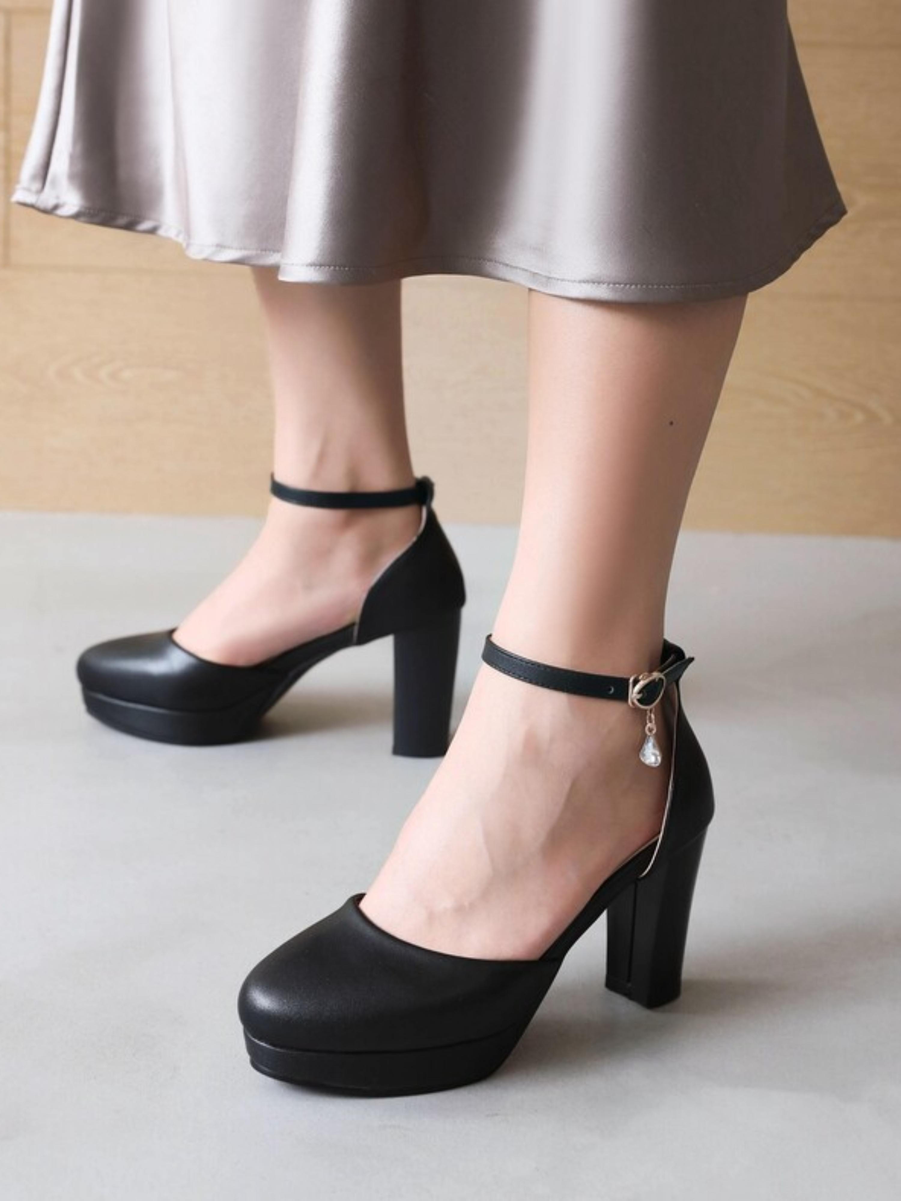 Charm Black Platform Block Heel Cute Sandals for Women