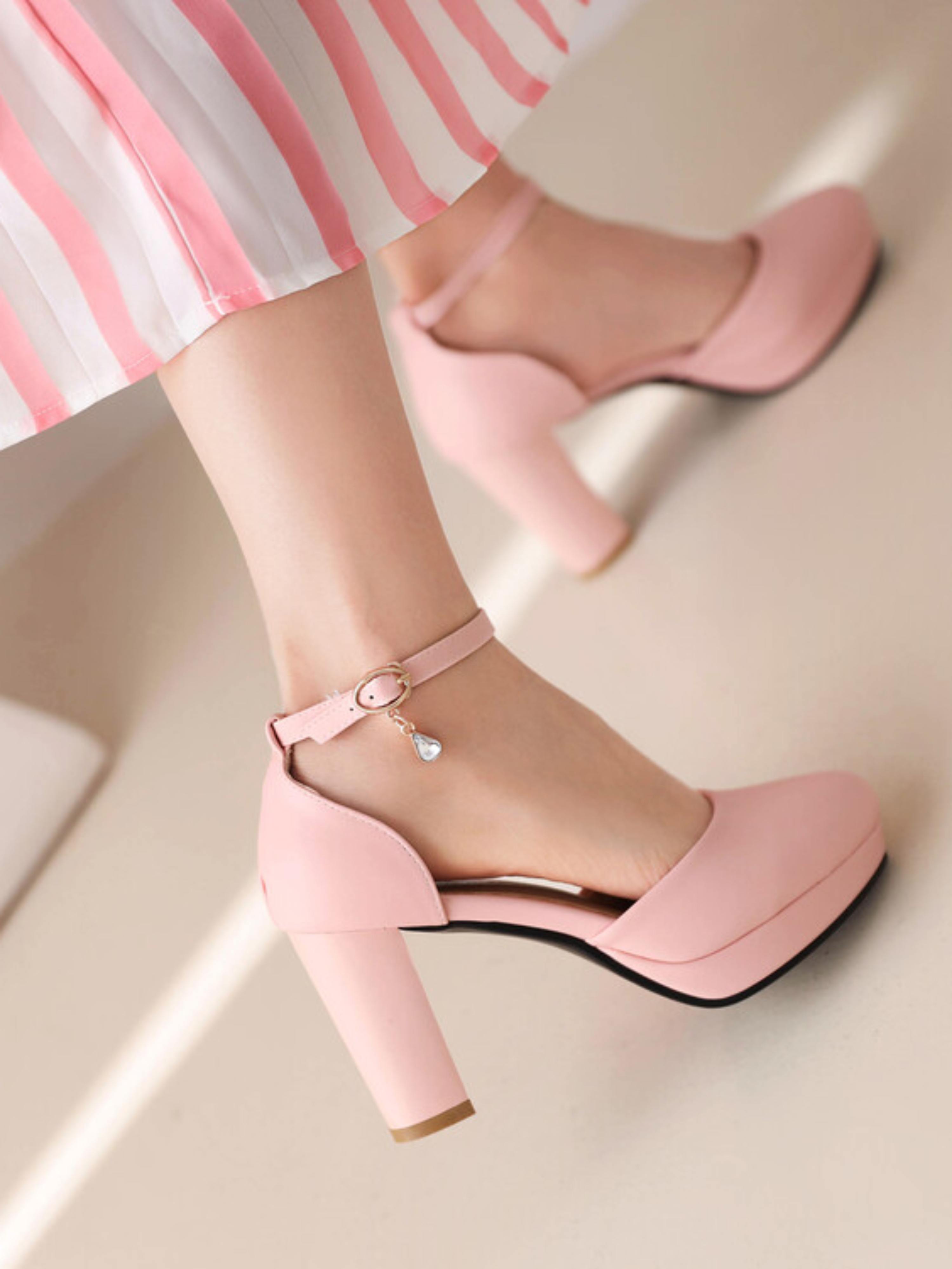 Pink Sweetheart Matte Faux Leather Block Heel Sandals for Women
