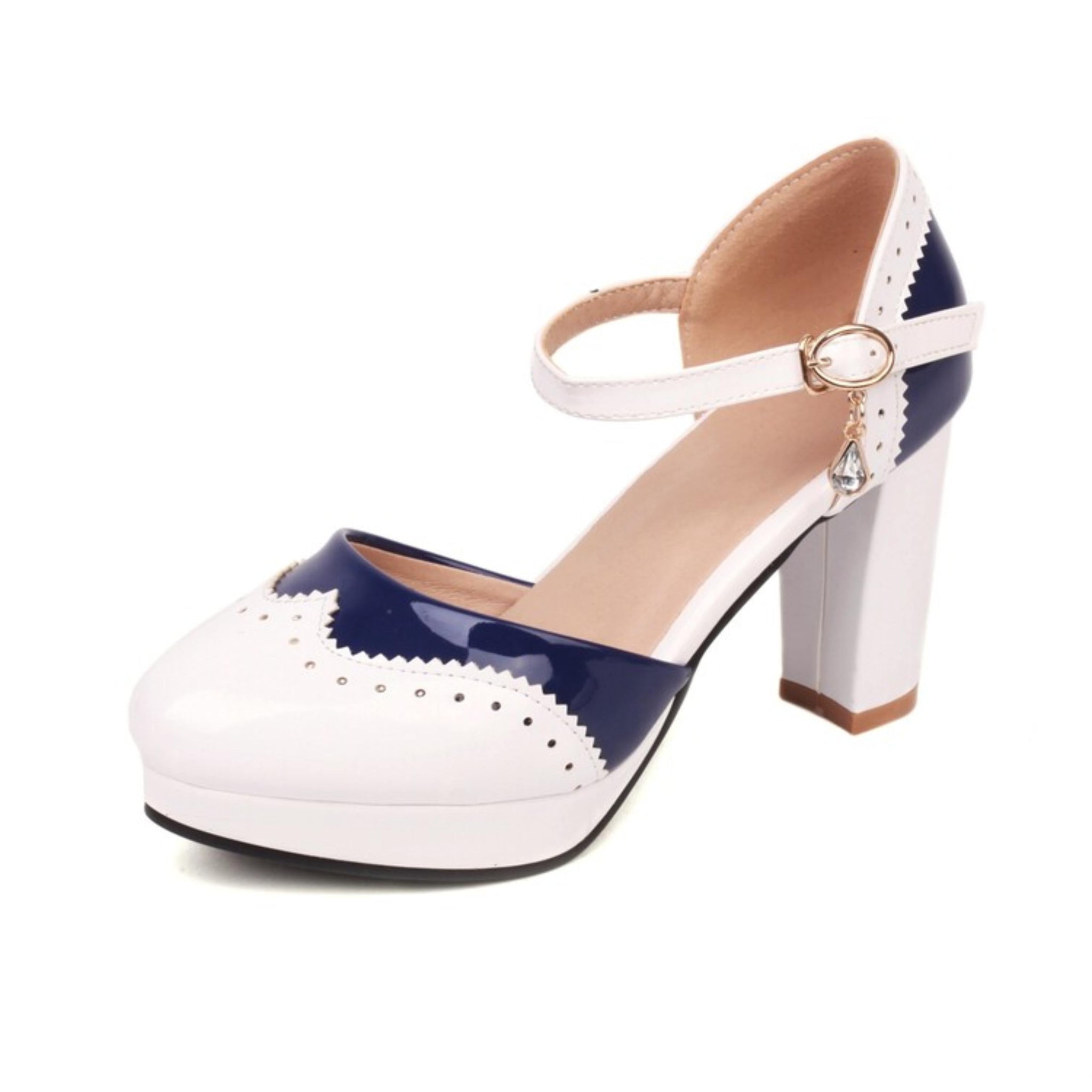 Navy and white high-heeled shoe