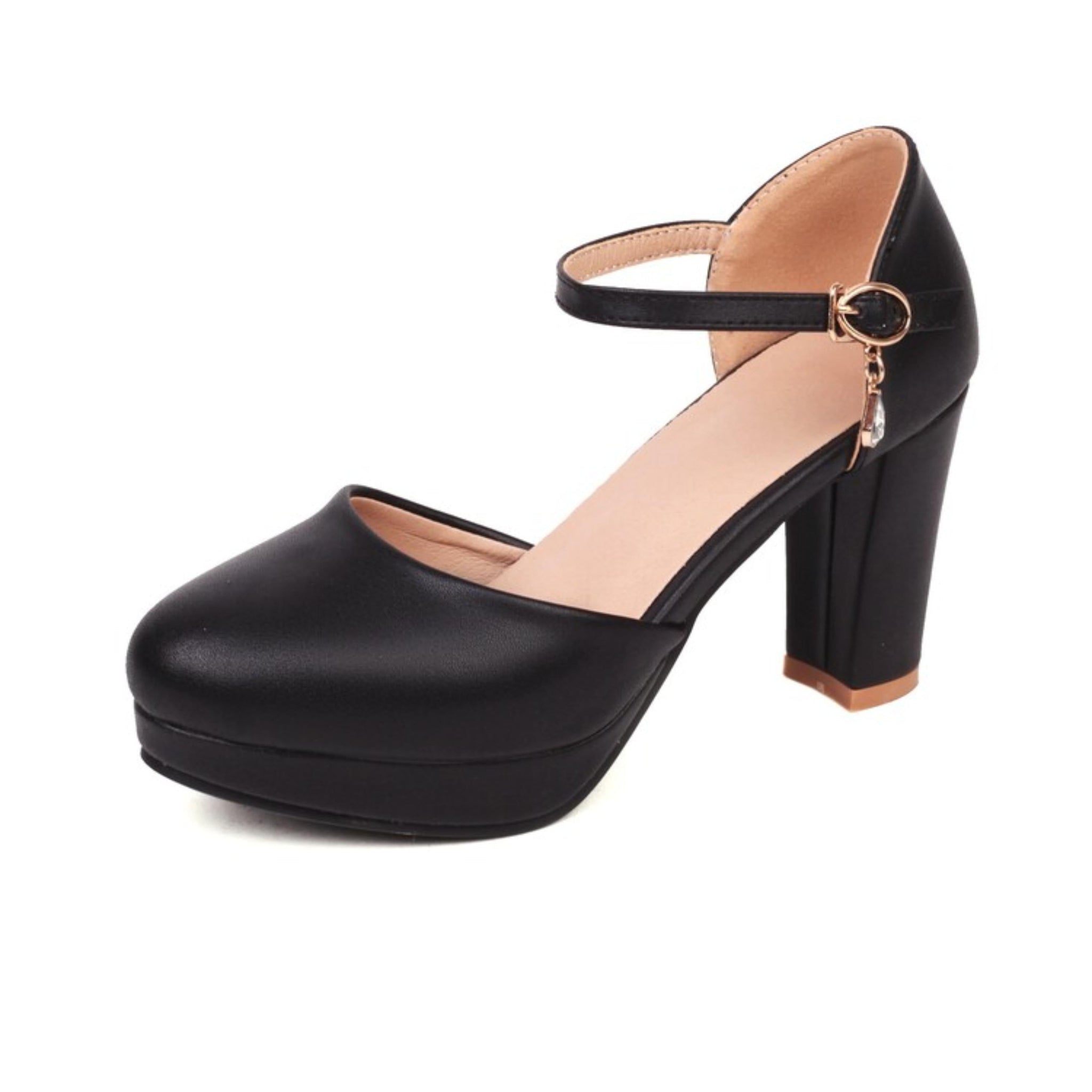 Black high-heeled shoe with a platform