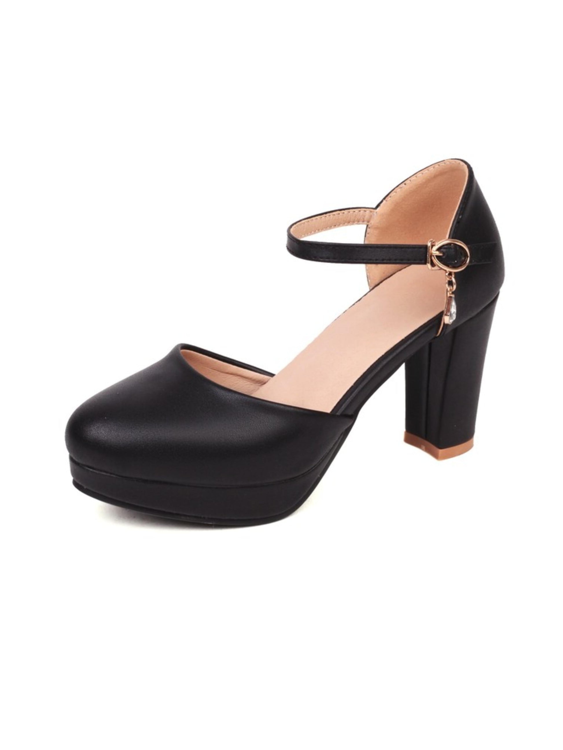 Black high-heeled shoe with a platform