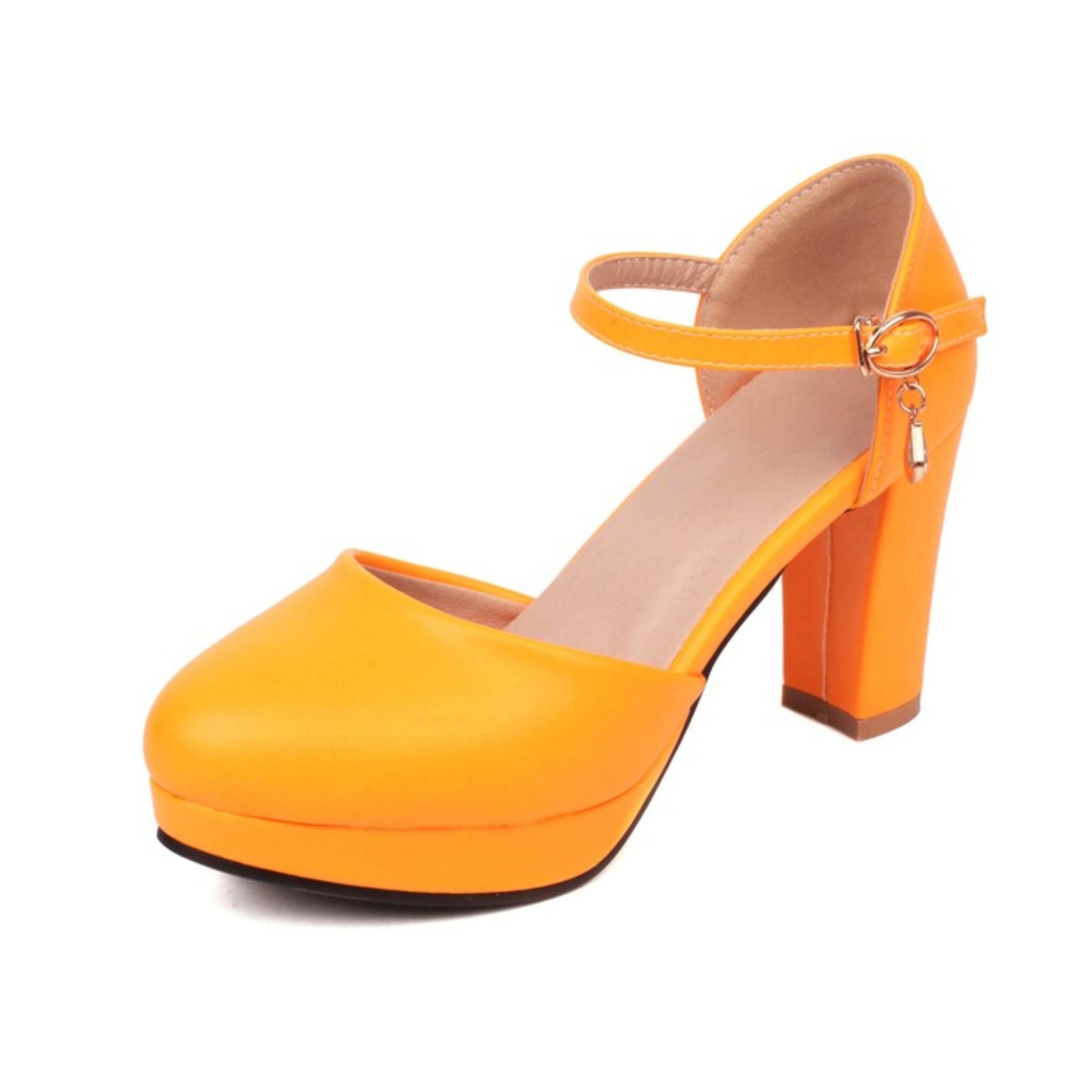 Orange high-heeled shoe with a platform