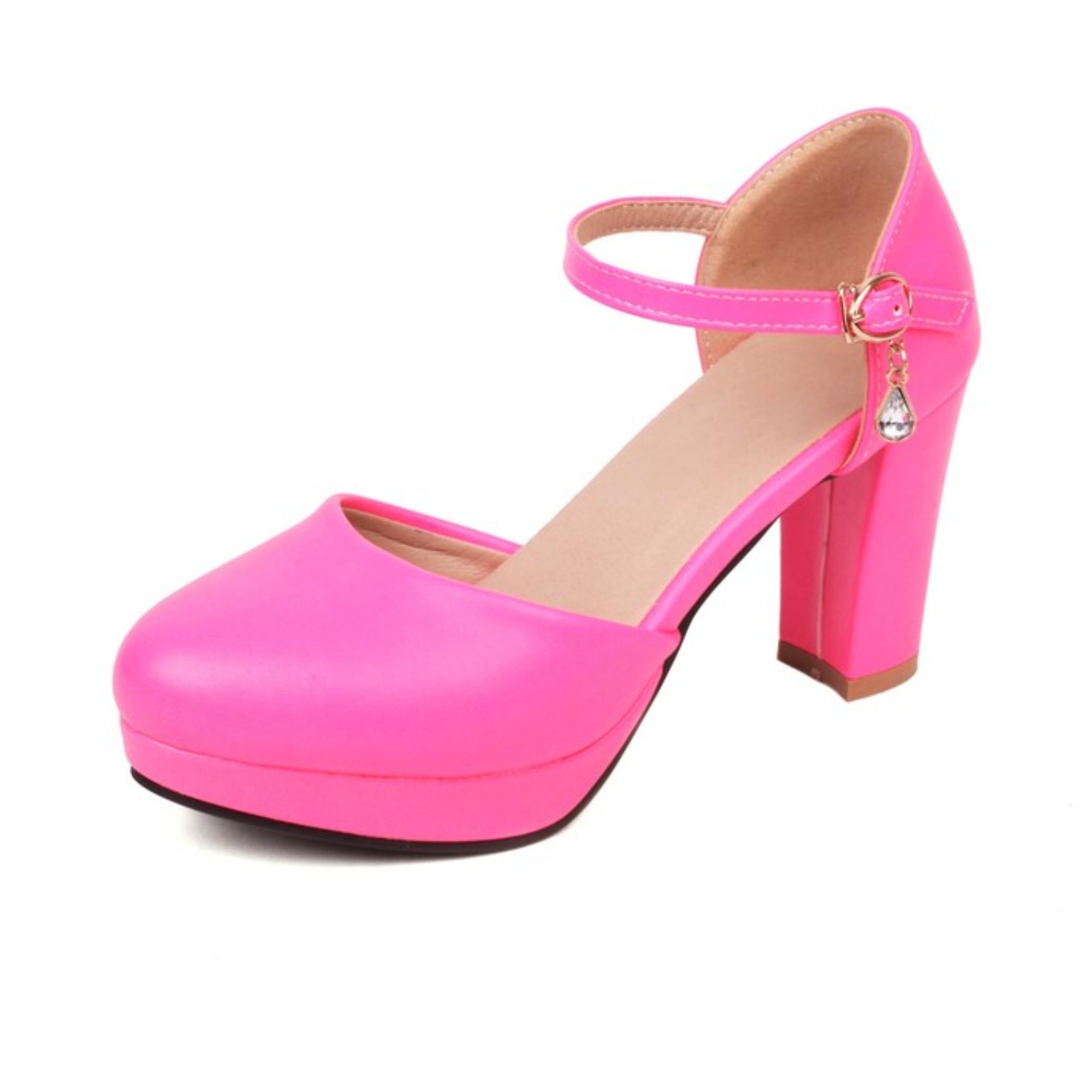Neon pink high-heeled shoe with a platform