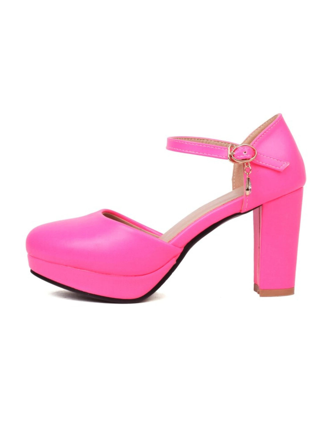Neon pink high-heeled shoe with a platform
