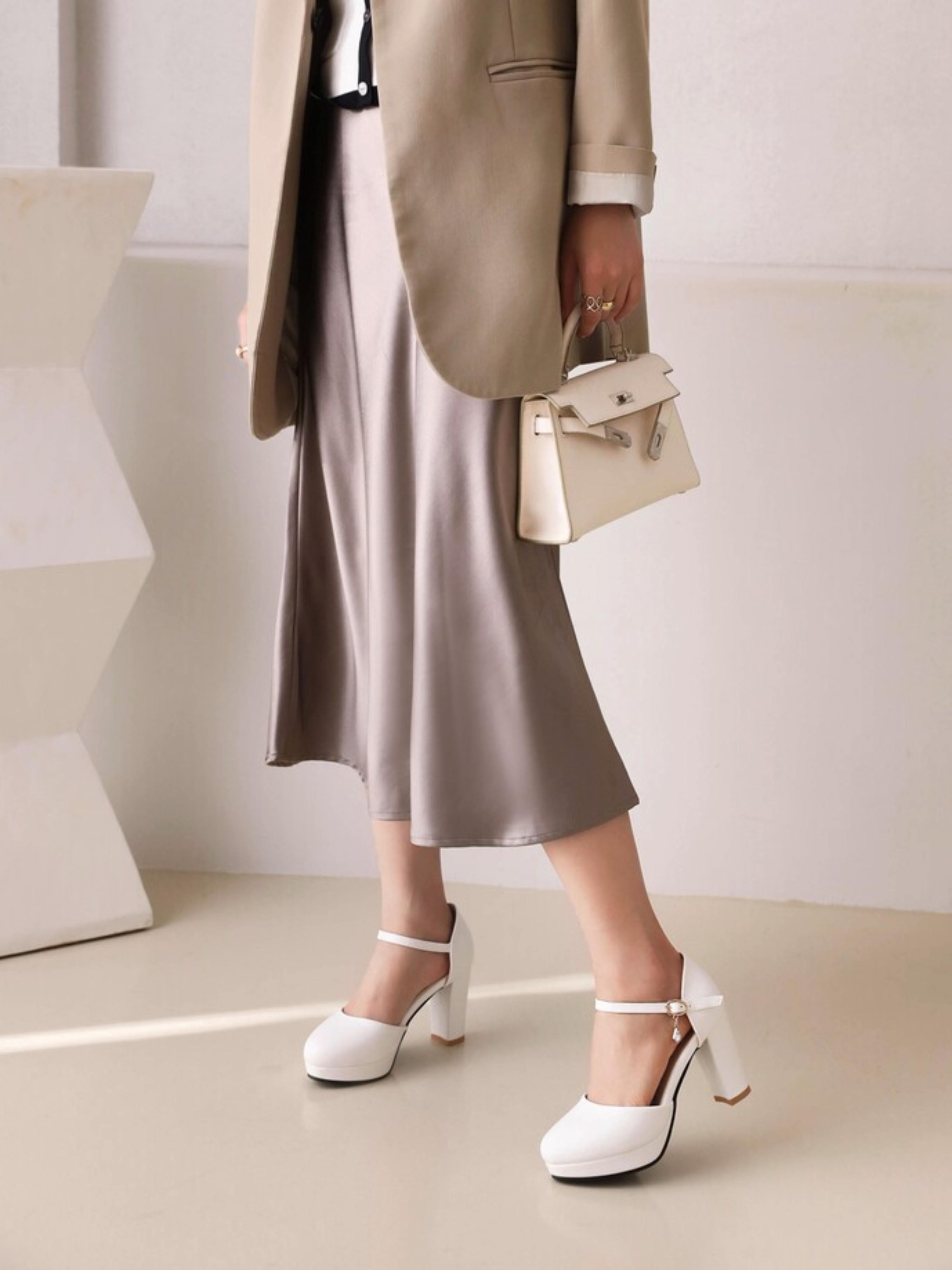 White Ankle Strap Pupms Closed Toe Women's Dress Sandals