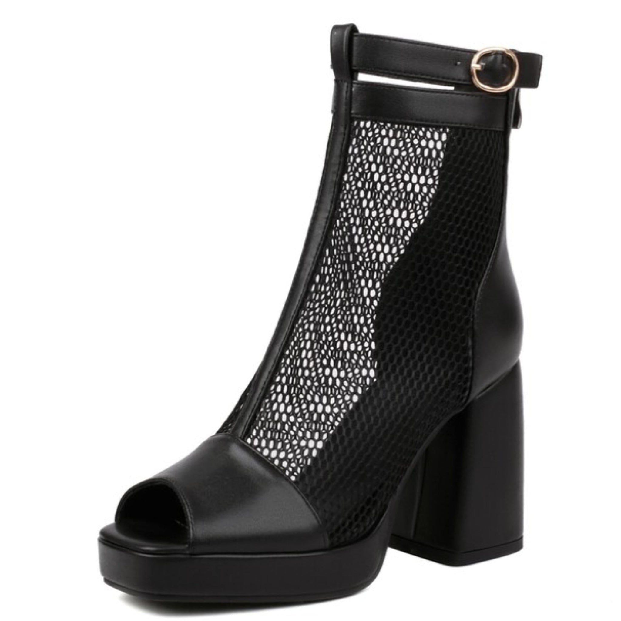 Black open-toe platform shoe with mesh design