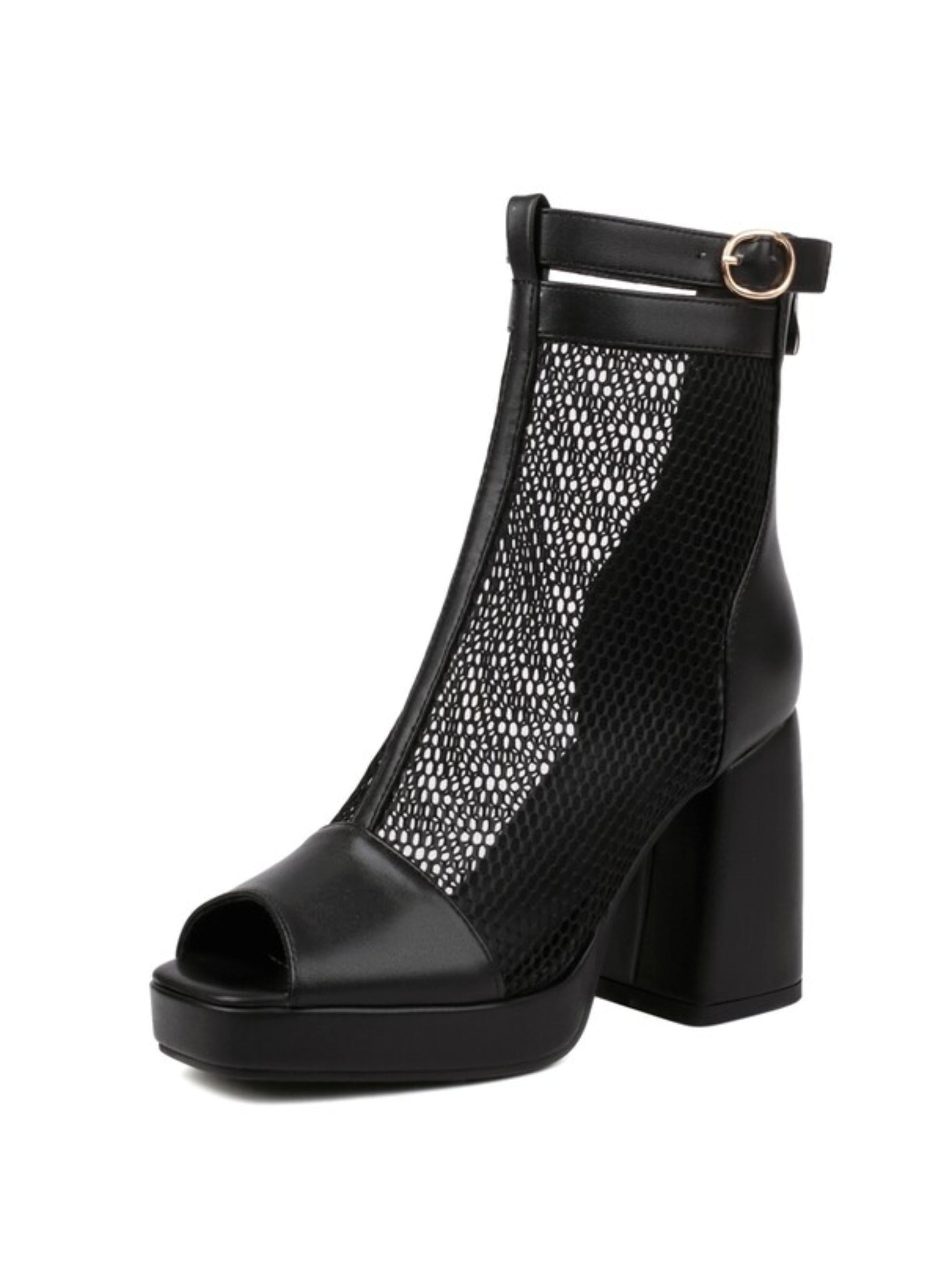 Black open-toe platform shoe with mesh design