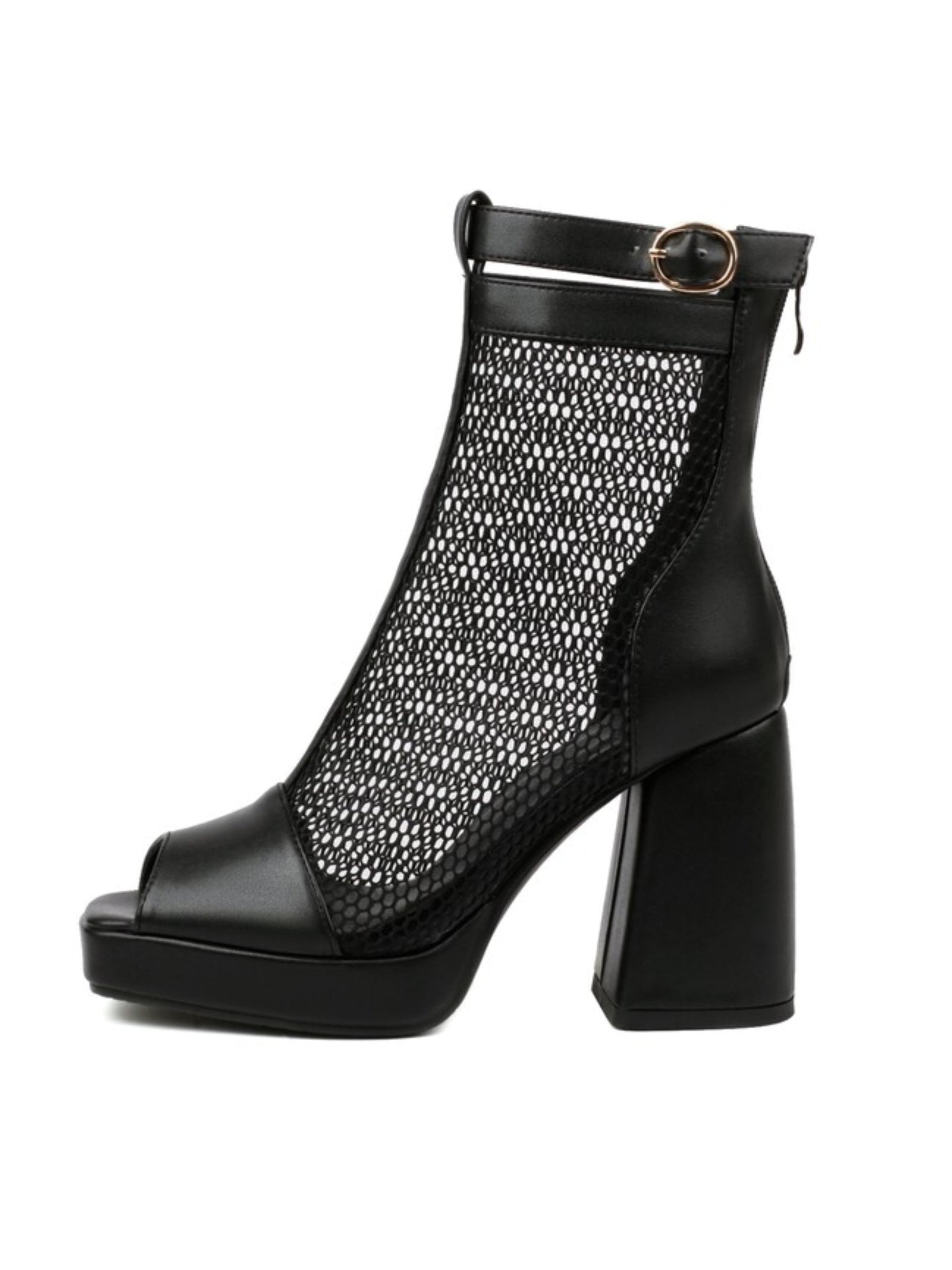 Black mesh ankle boot with chunky heel