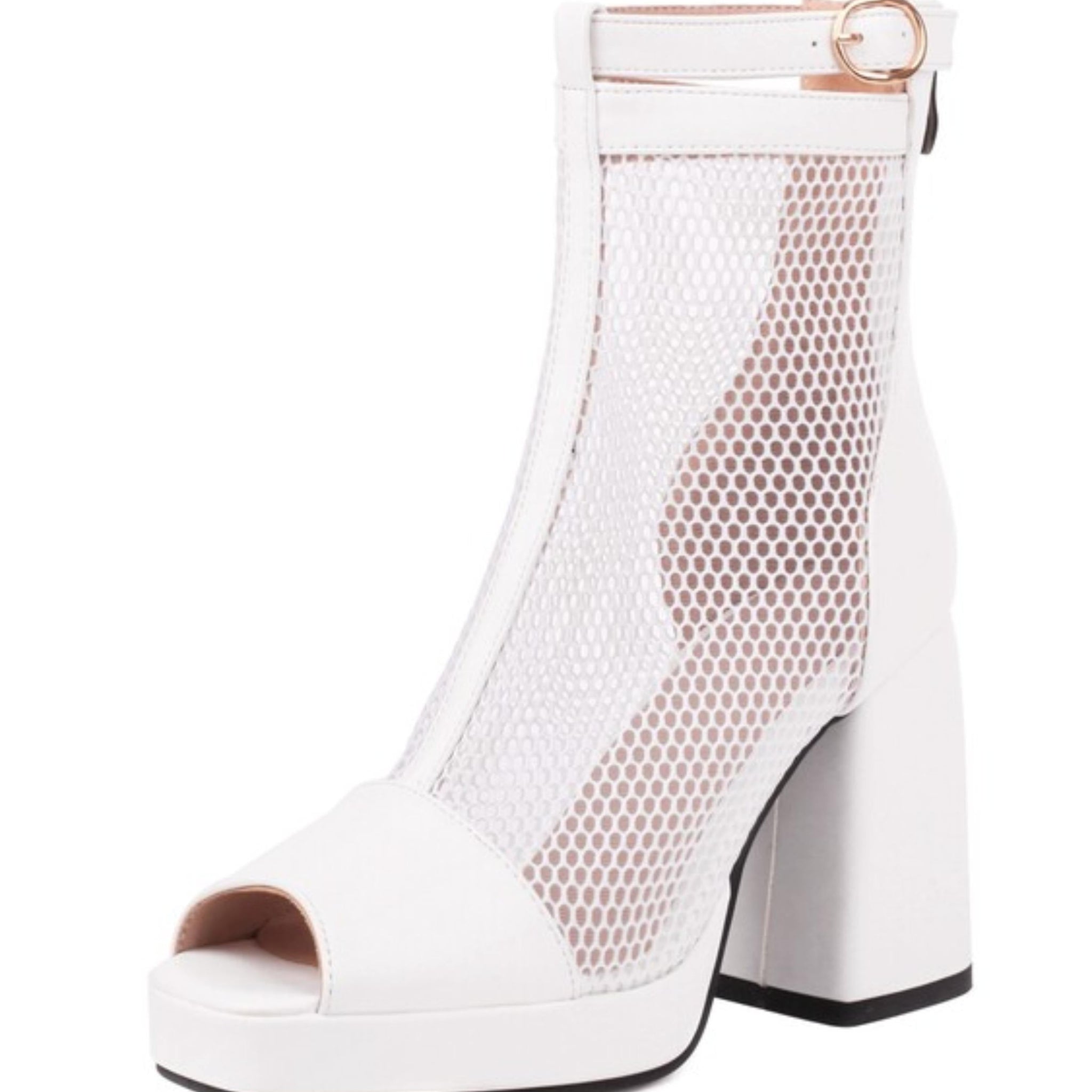 White peep-toe boot with mesh design