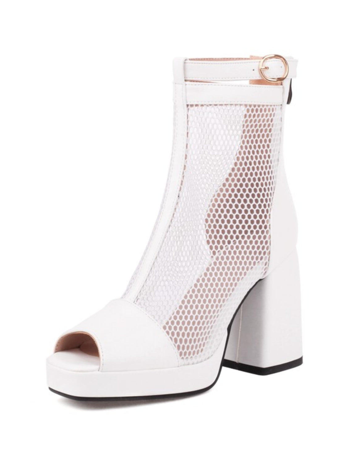 White peep-toe boot with mesh design
