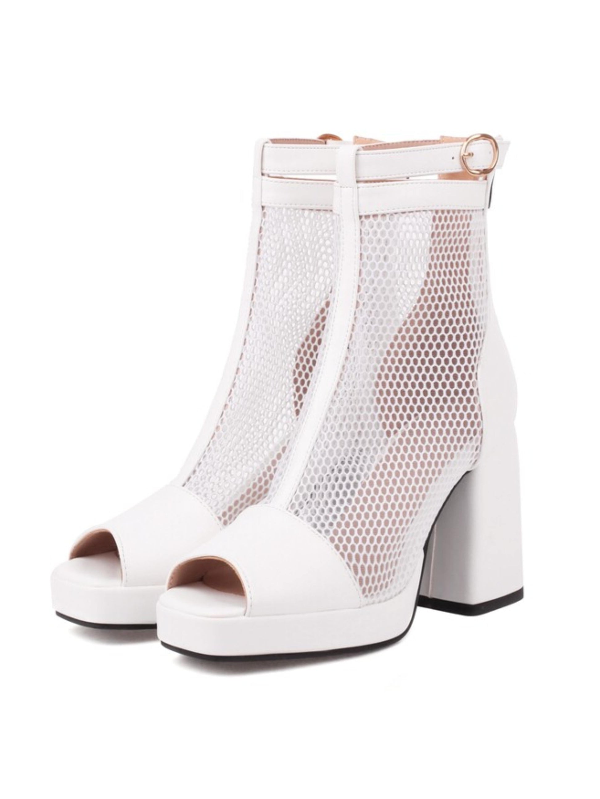 White mesh ankle boots with block heels